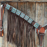 Medium Oil Braided Square Turquoise Browband | One Ear - Breast Collar Tack Set #BBBC503