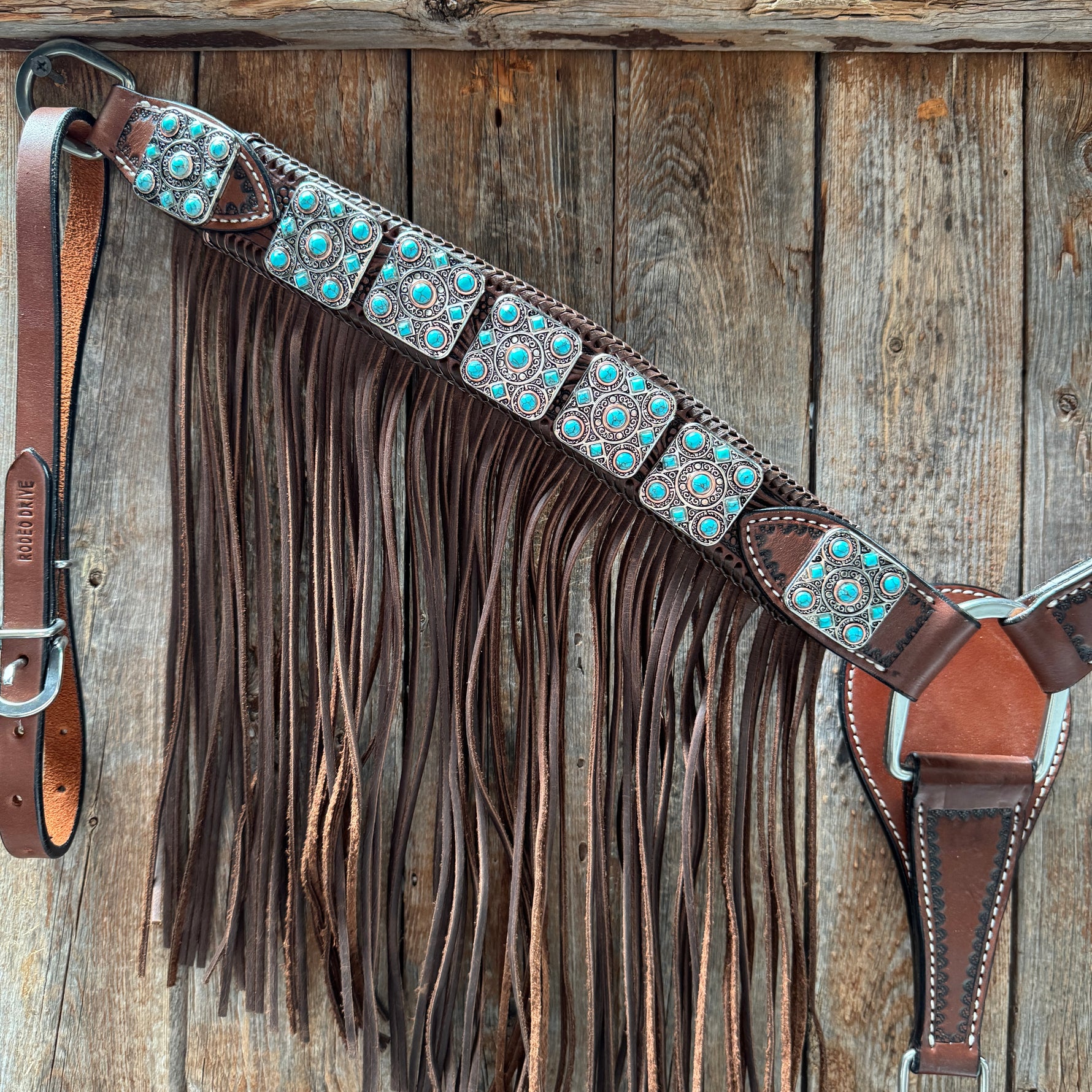 Medium Oil Braided Square Turquoise Browband | One Ear - Breast Collar Tack Set #BBBC503