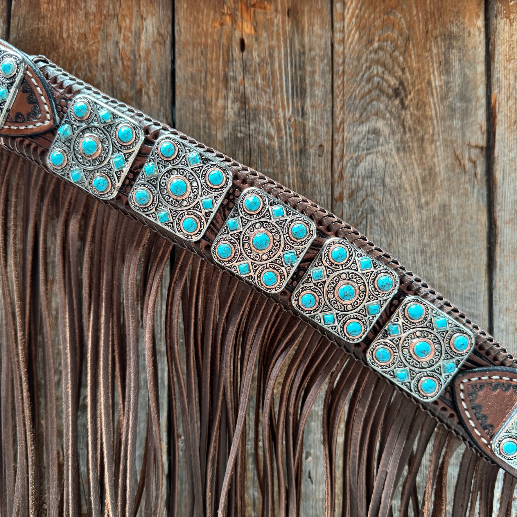 Medium Oil Braided Square Turquoise Browband | One Ear - Breast Collar Tack Set #BBBC503