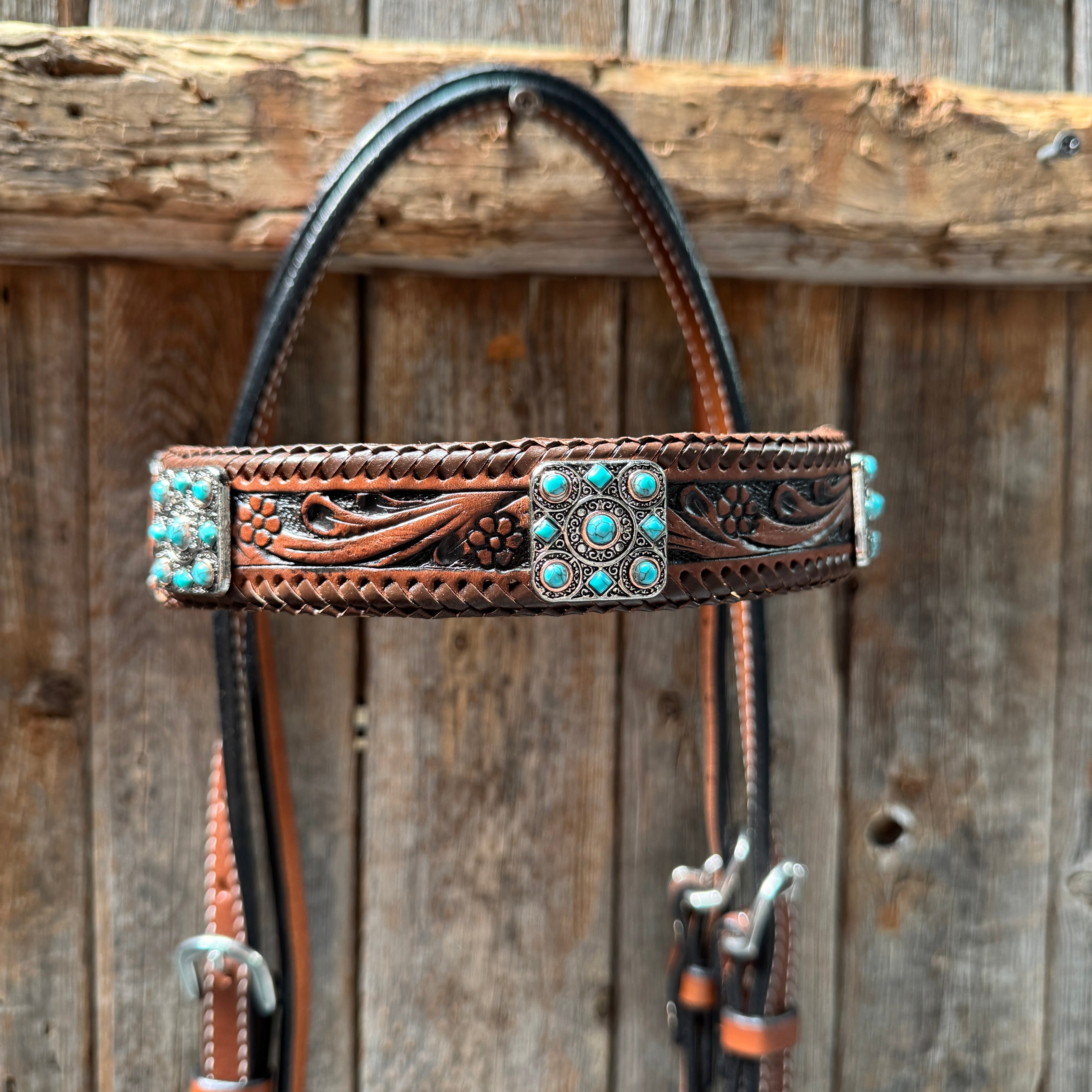 Medium Oil Braided Square Turquoise Browband | One Ear - Breast Collar Tack Set #BBBC503