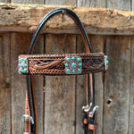 Medium Oil Braided Square Turquoise Browband | One Ear - Breast Collar Tack Set #BBBC503
