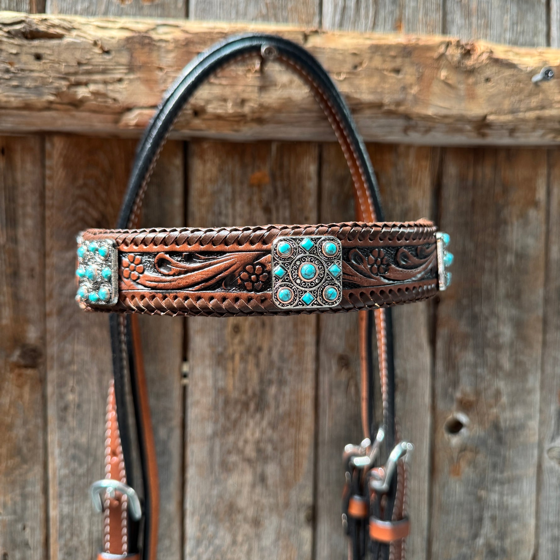 Medium Oil Braided Square Turquoise Browband | One Ear - Breast Collar Tack Set #BBBC503