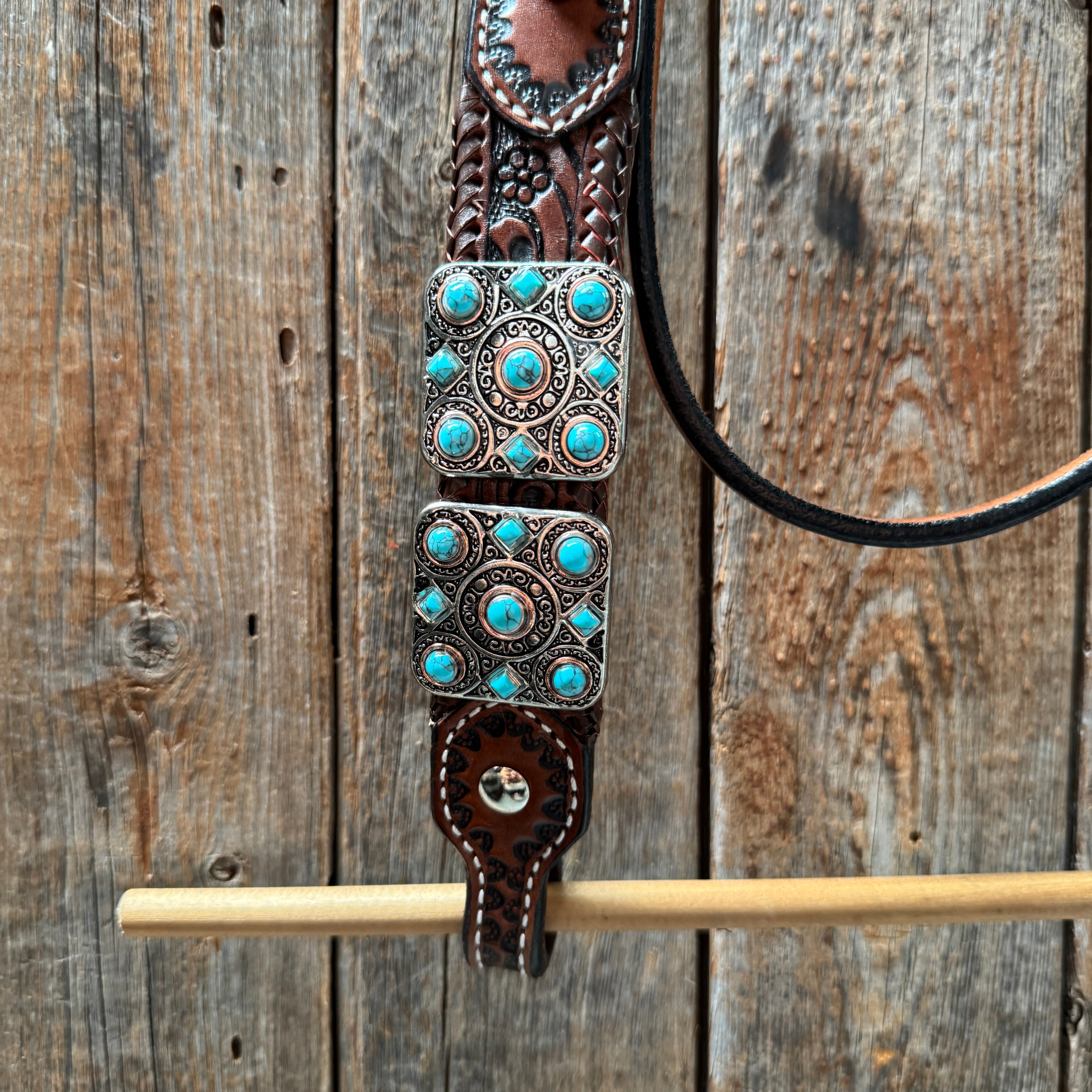 Medium Oil Braided Square Turquoise Browband | One Ear - Breast Collar Tack Set #BBBC503