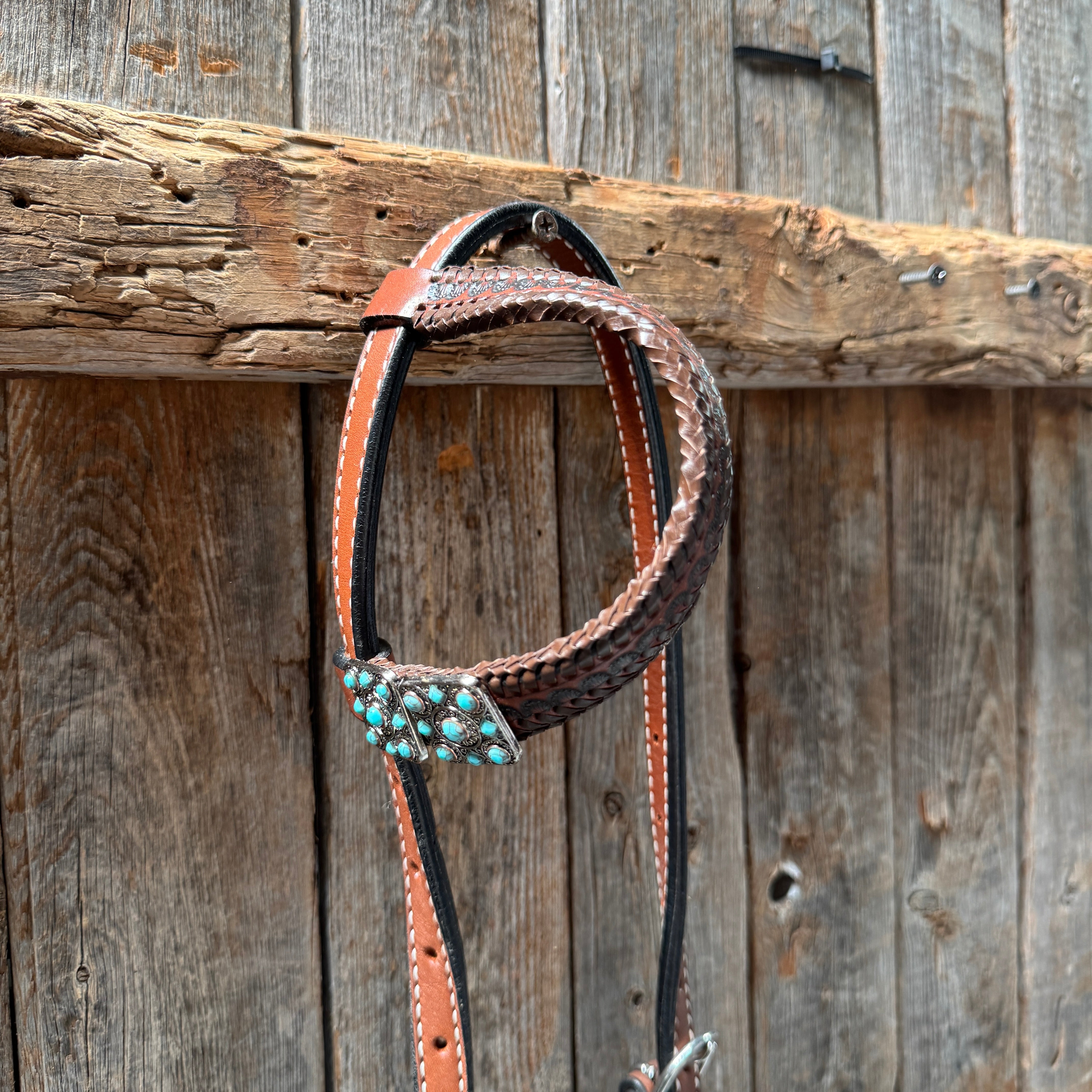 Medium Oil Braided Square Turquoise Browband | One Ear - Breast Collar Tack Set #BBBC503