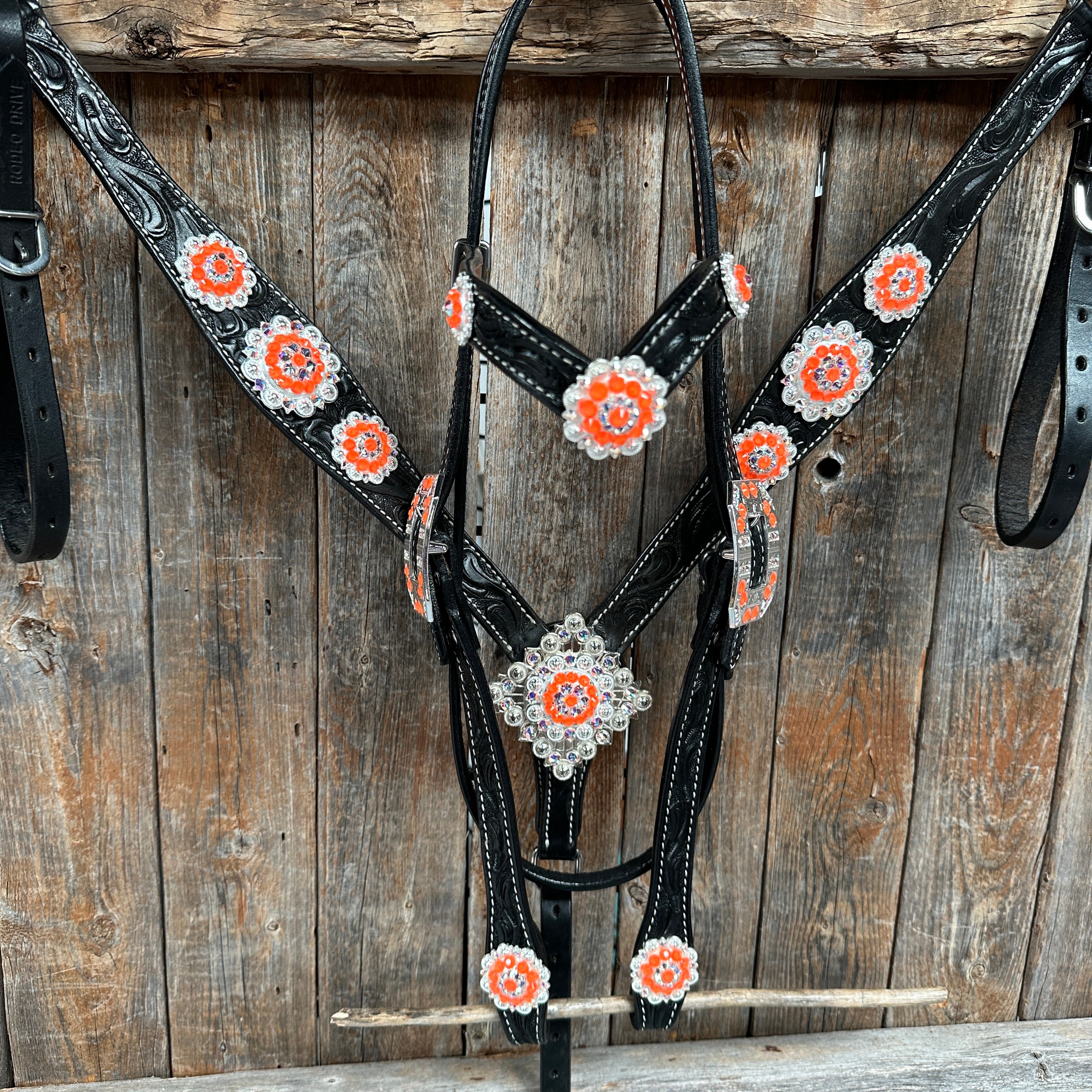 Black Floral Neon Orange Browband / Breastcollar Tack Set  #BBBC572