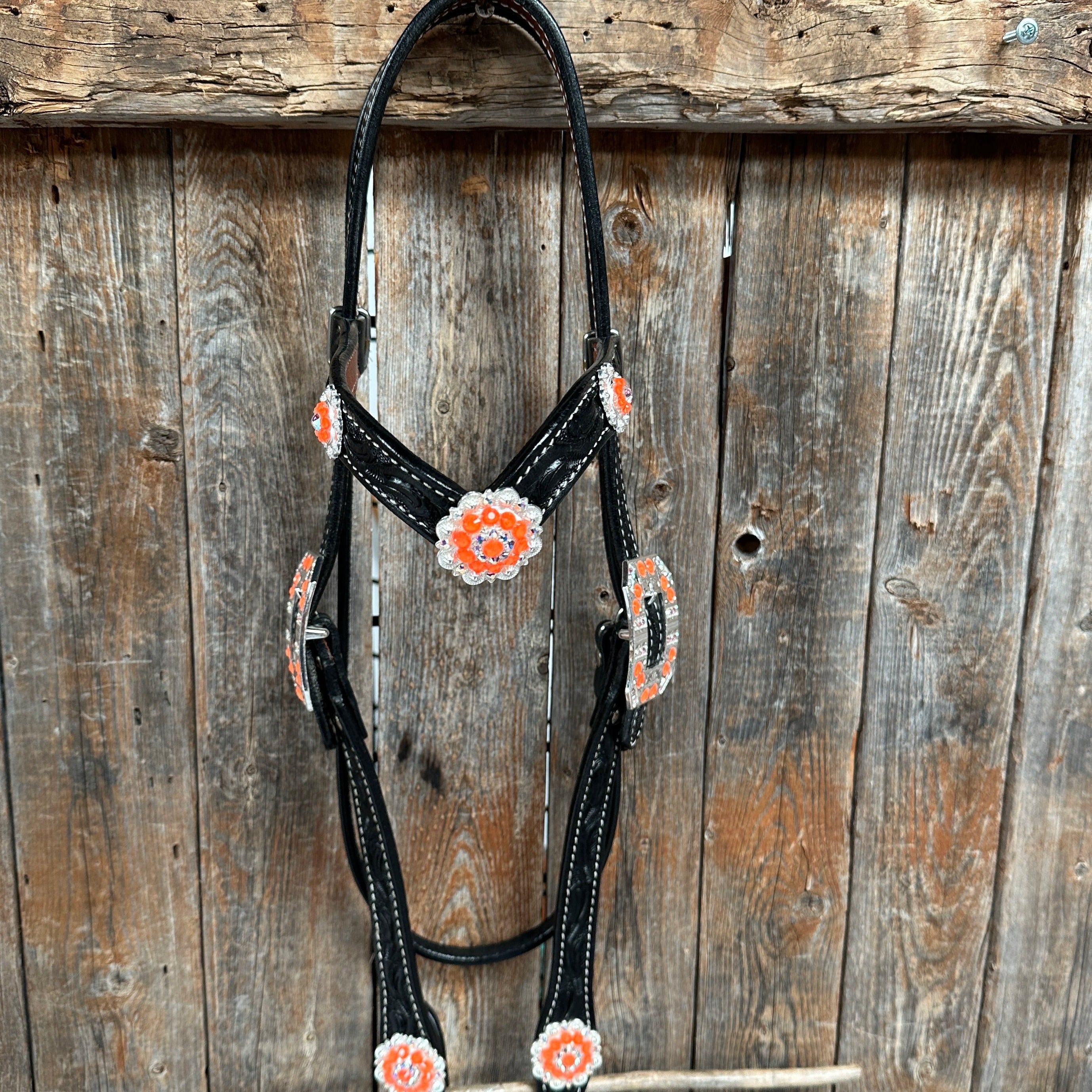Black Floral Neon Orange Browband / Breastcollar Tack Set  #BBBC572