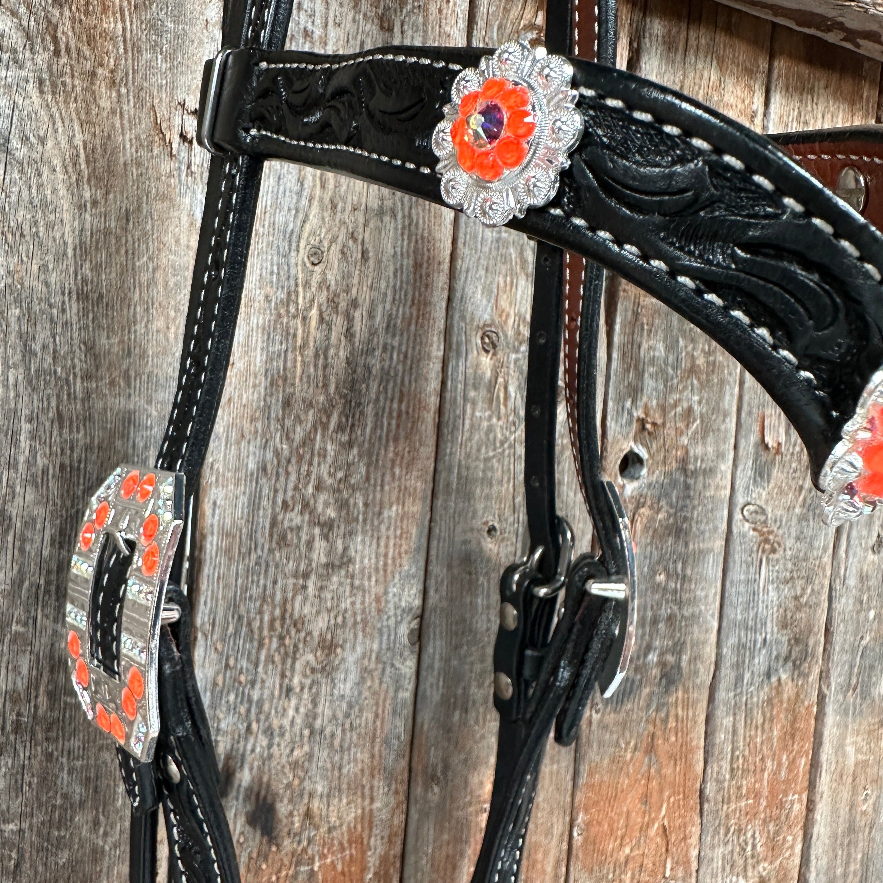 Black Floral Neon Orange Browband / Breastcollar Tack Set  #BBBC572
