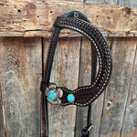 Dark Oil Basketweave Turquoise Flower Browband | One Ear Tack Set #BBBC510