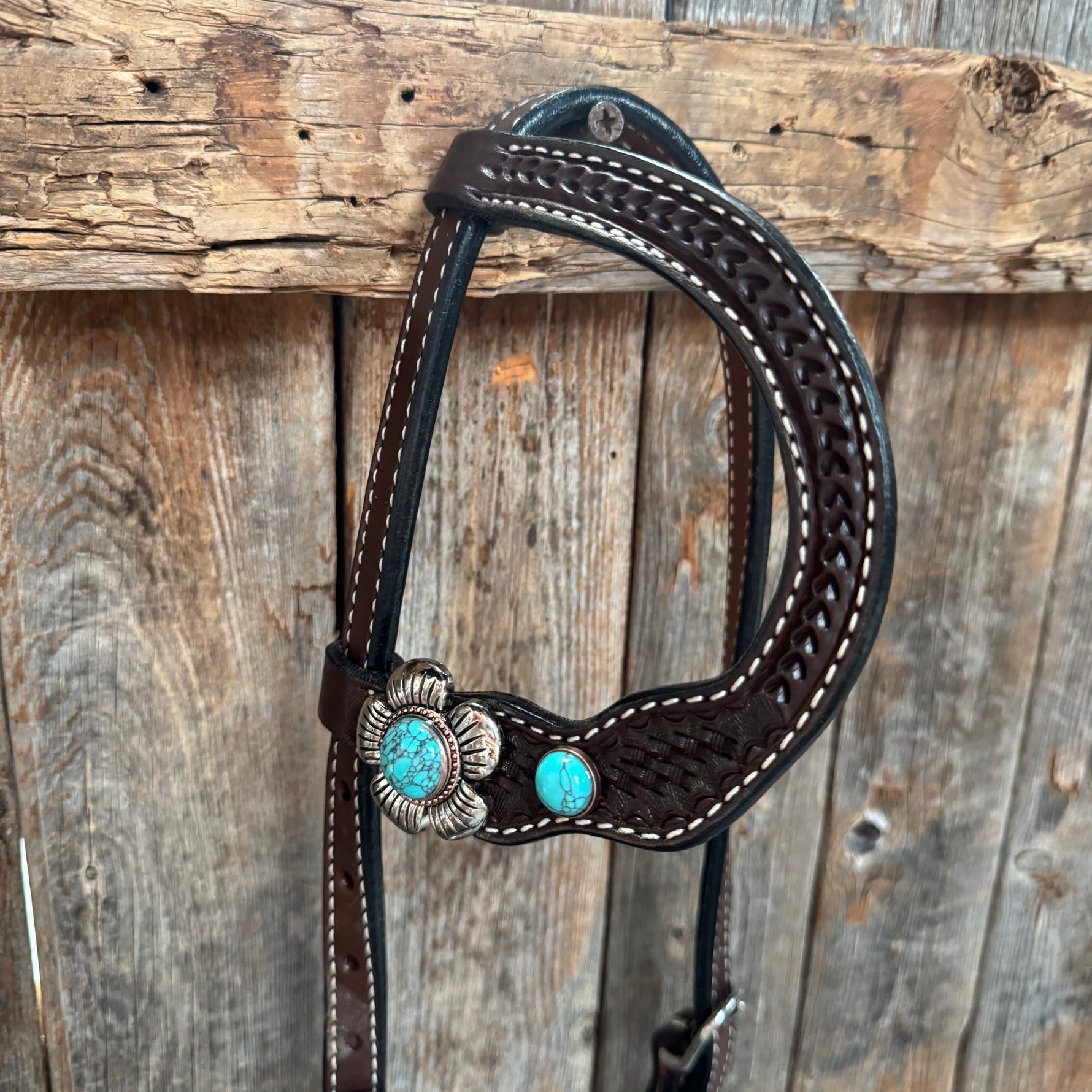 Dark Oil Basketweave Turquoise Flower Browband | One Ear Tack Set #BBBC510