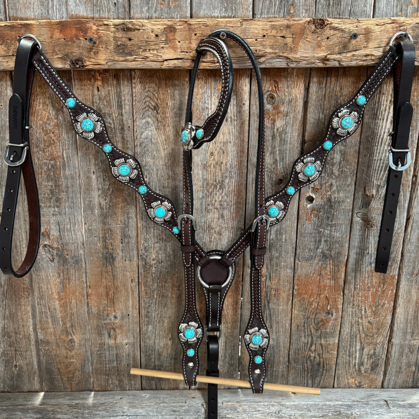 Dark Oil Basketweave Turquoise Flower Browband | One Ear Tack Set #BBBC510