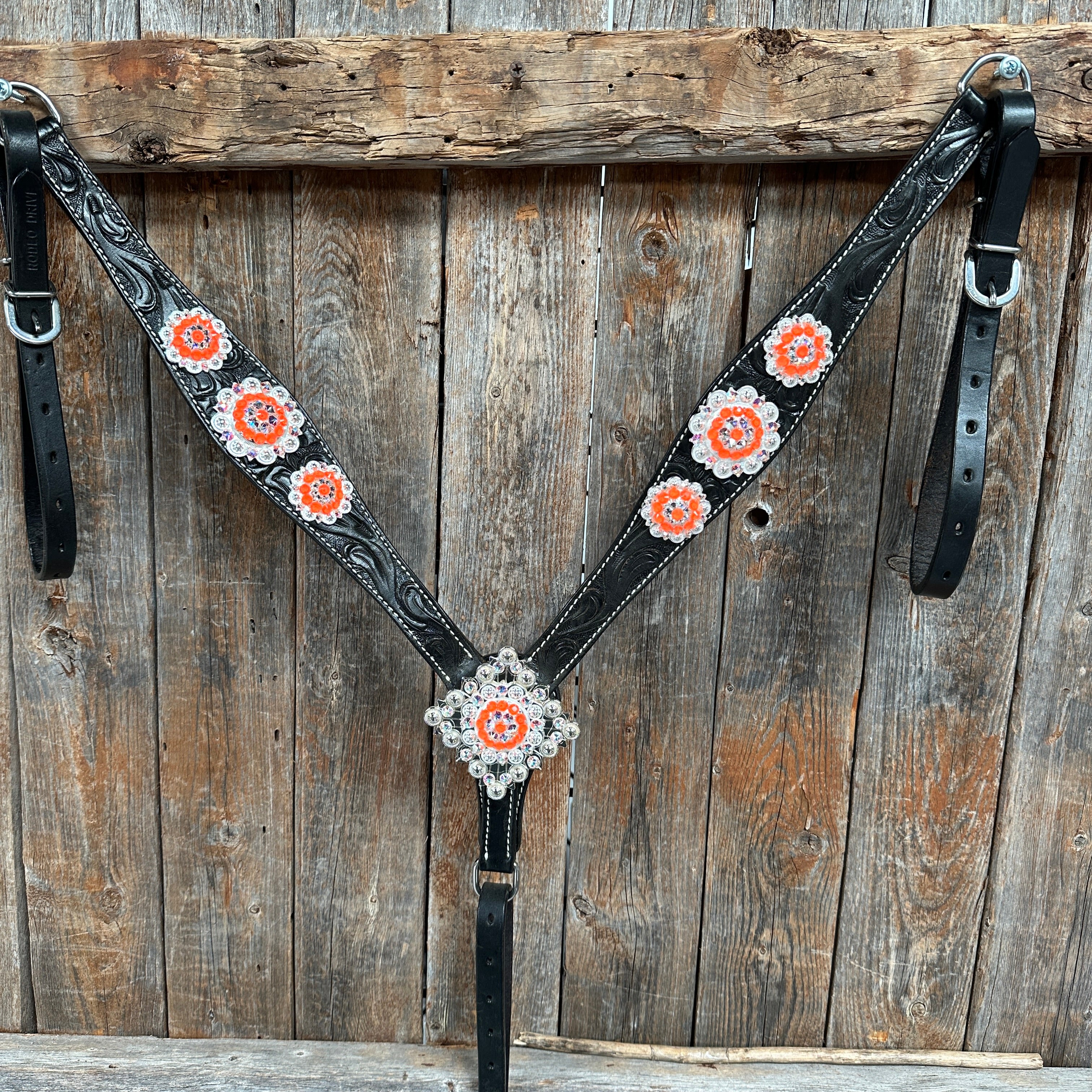 Black Floral Neon Orange Browband / Breastcollar Tack Set  #BBBC572
