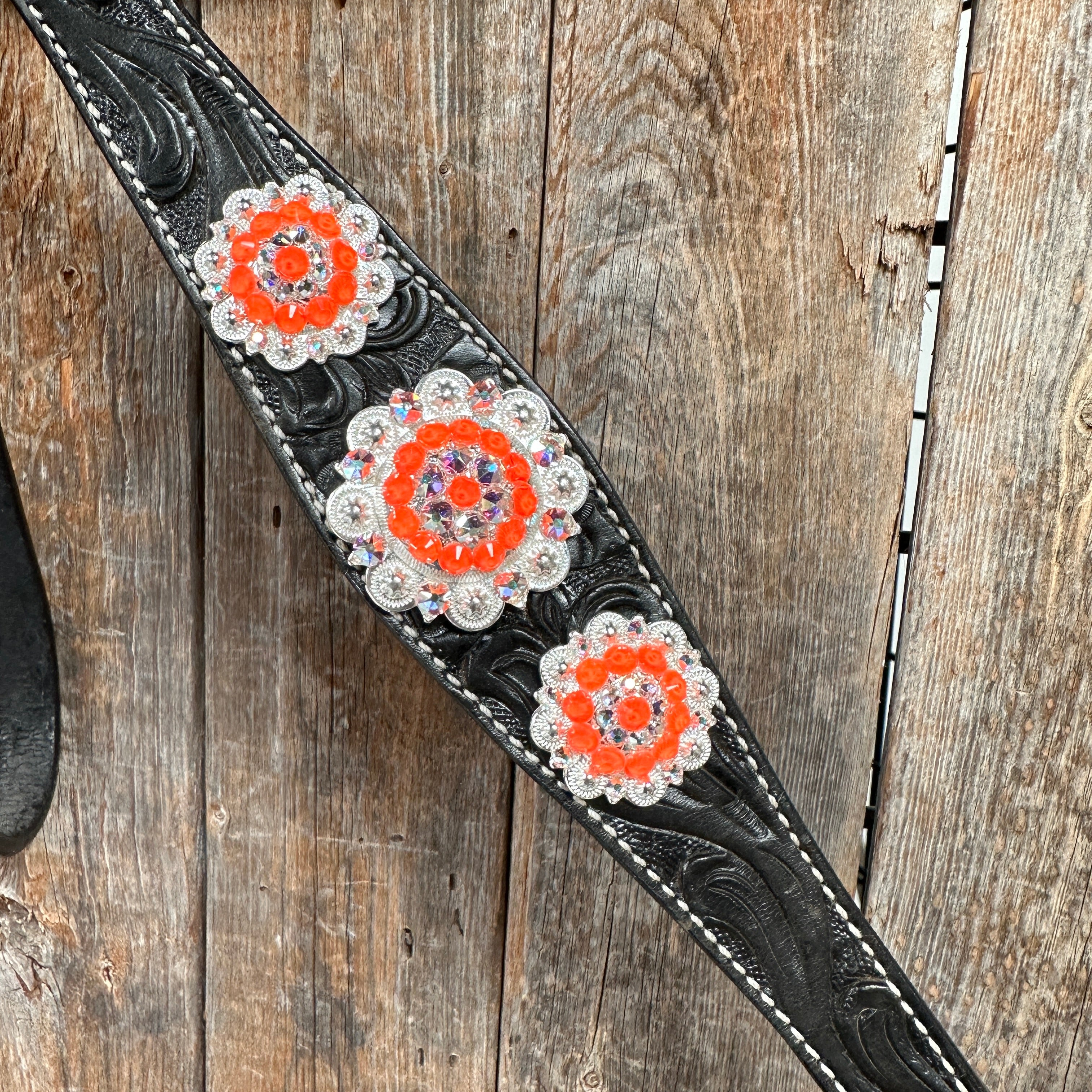 Black Floral Neon Orange Browband / Breastcollar Tack Set  #BBBC572
