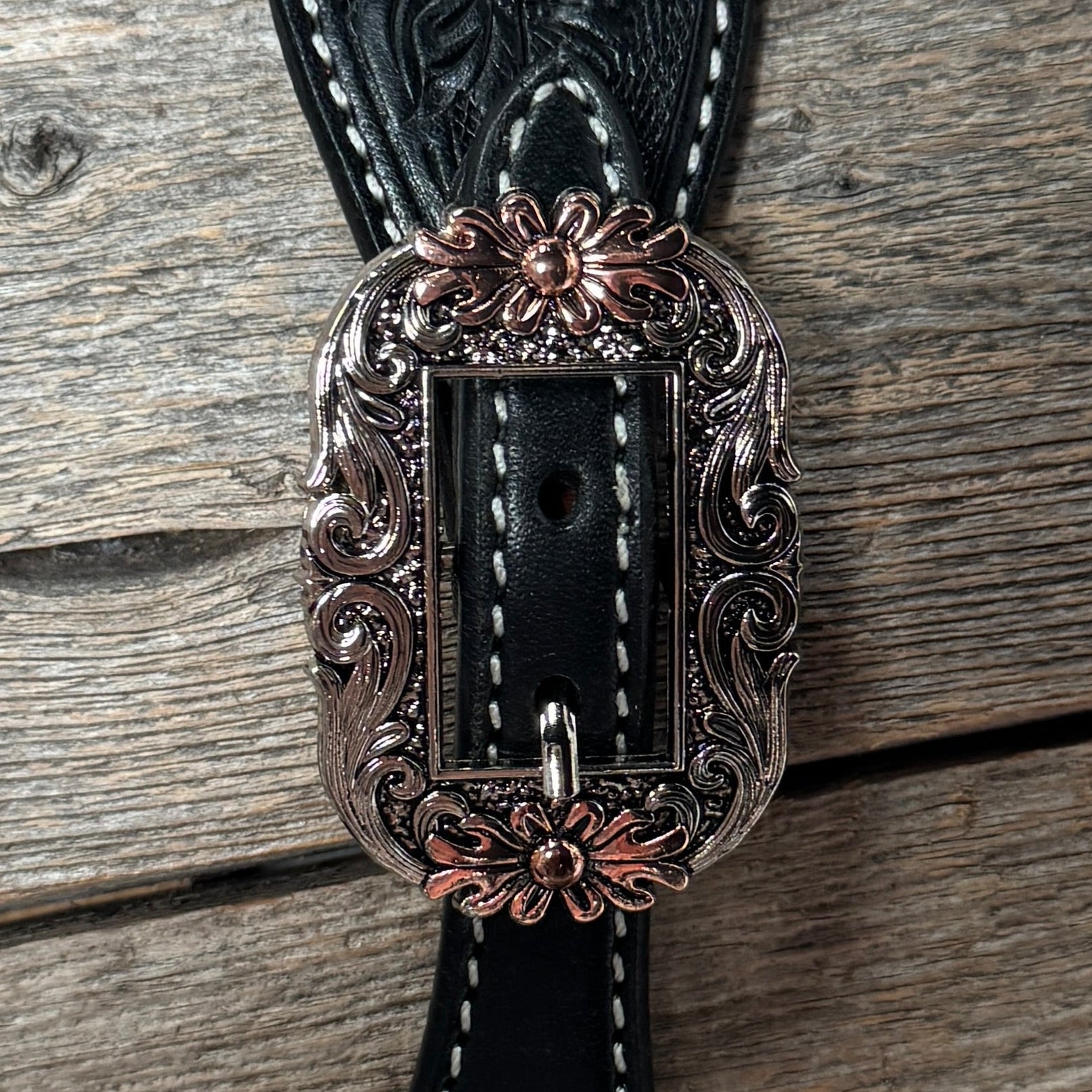 Black Floral Spur Straps | Antique Silver and Copper Hearts #SS144