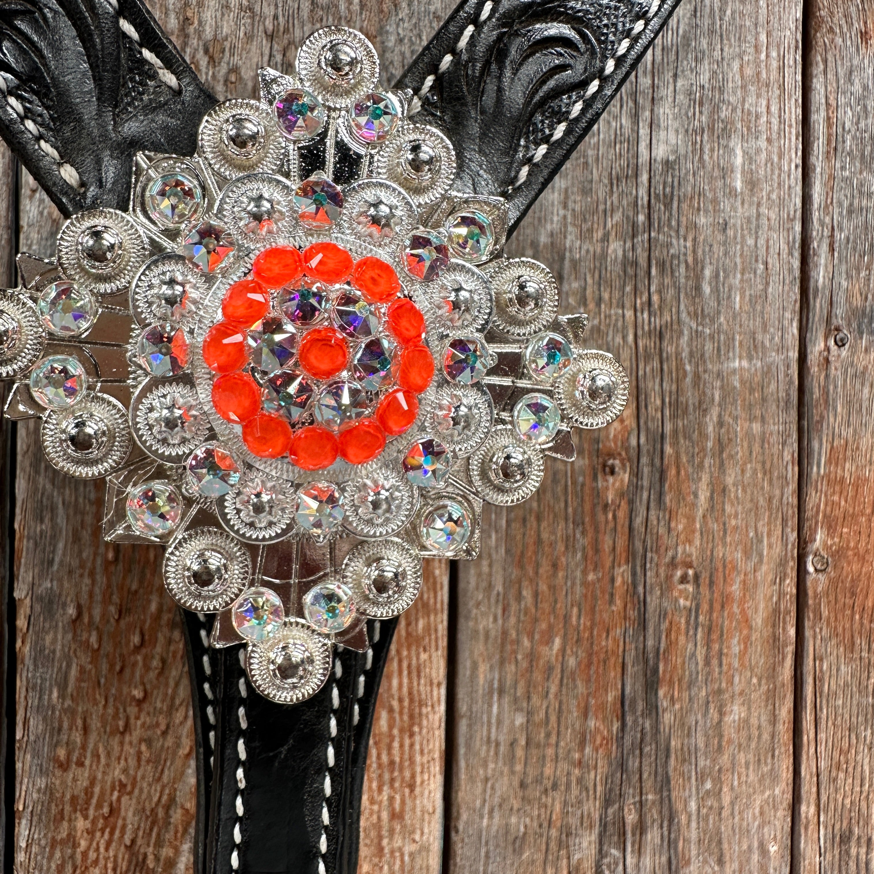 Black Floral Neon Orange Browband / Breastcollar Tack Set  #BBBC572