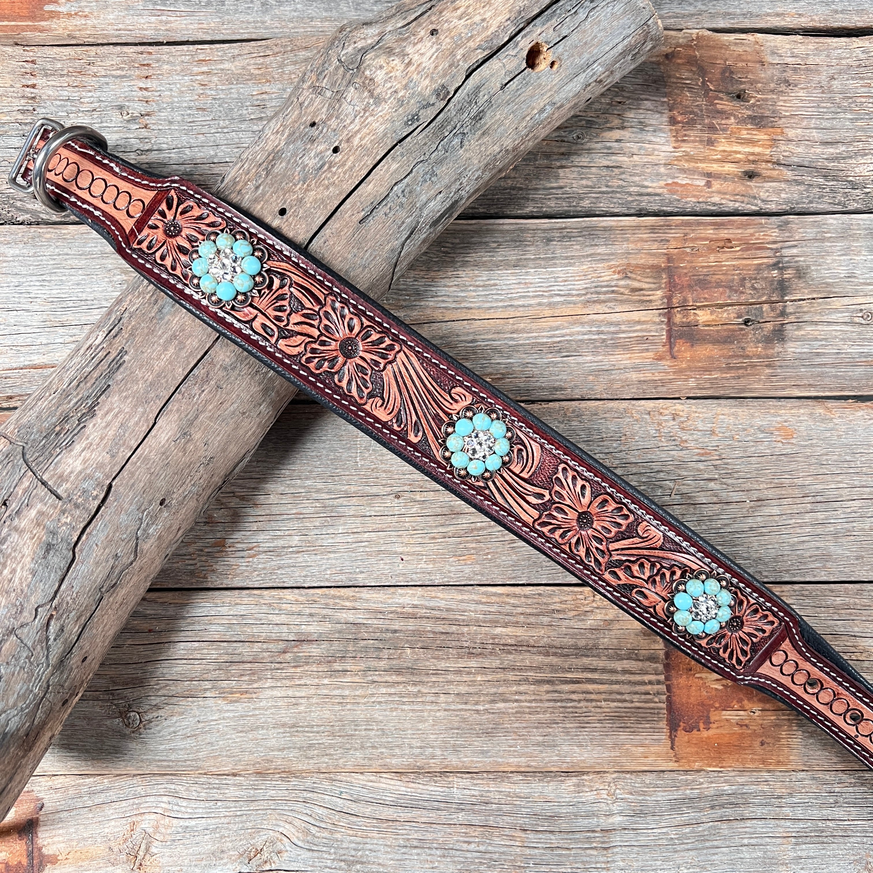 DC31- Two Tone Floral Wide Dog Collar SM-LG Copper Fashion Turquoise/Clear