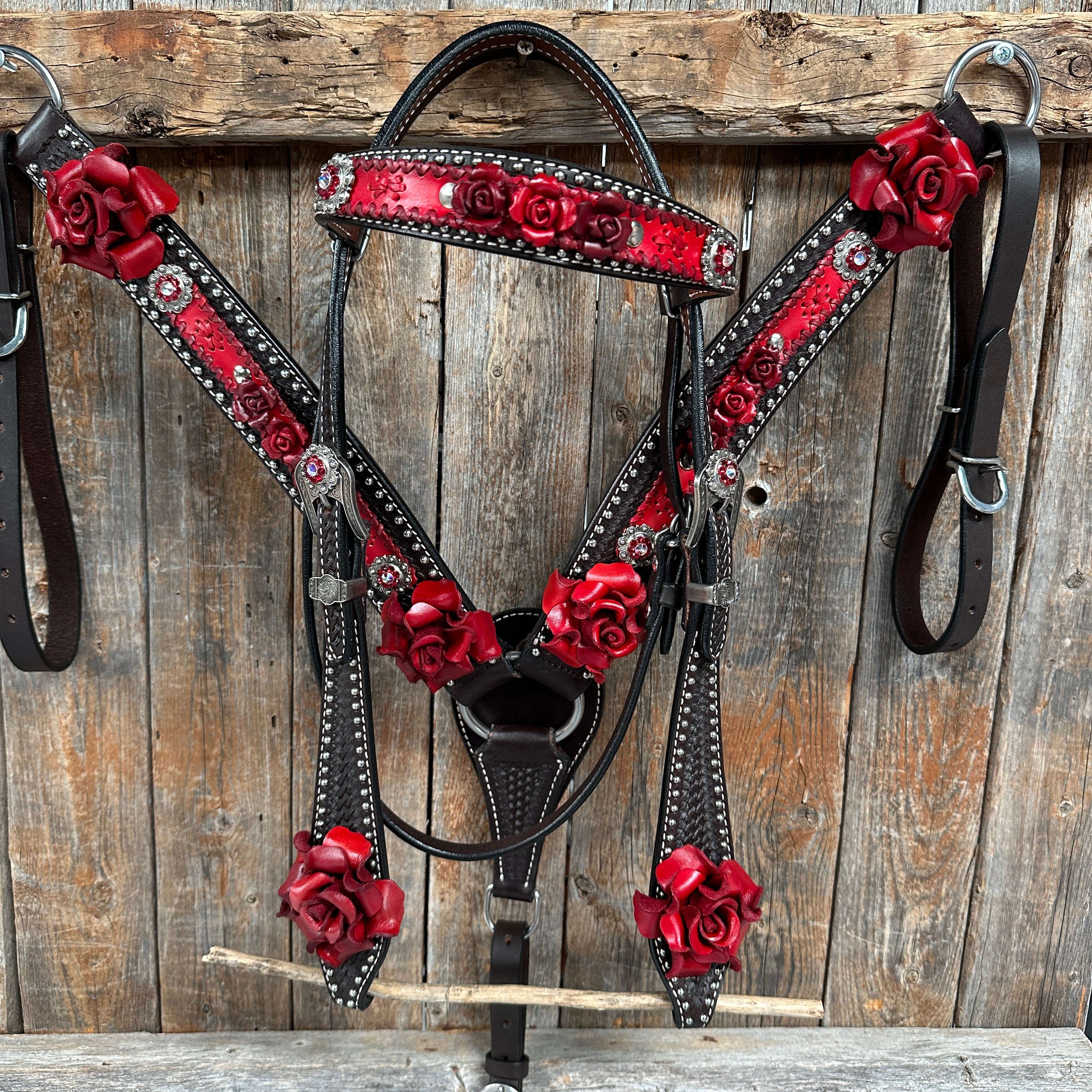 Dark Oil Silver Dot Red Roses Browband/Breastcollar Tack Set #BBBC570