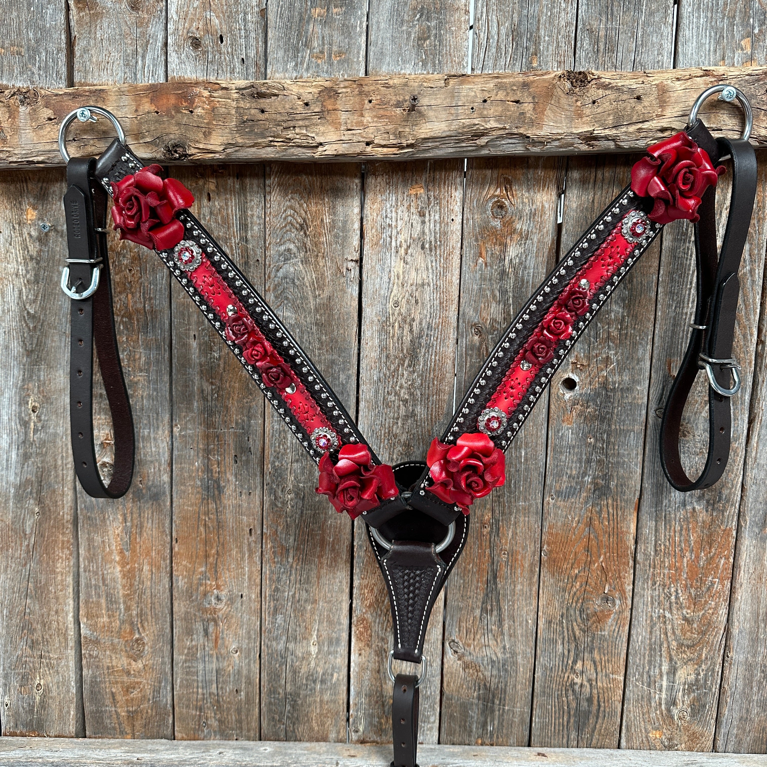 Dark Oil Silver Dot Red Roses Browband/Breastcollar Tack Set #BBBC570
