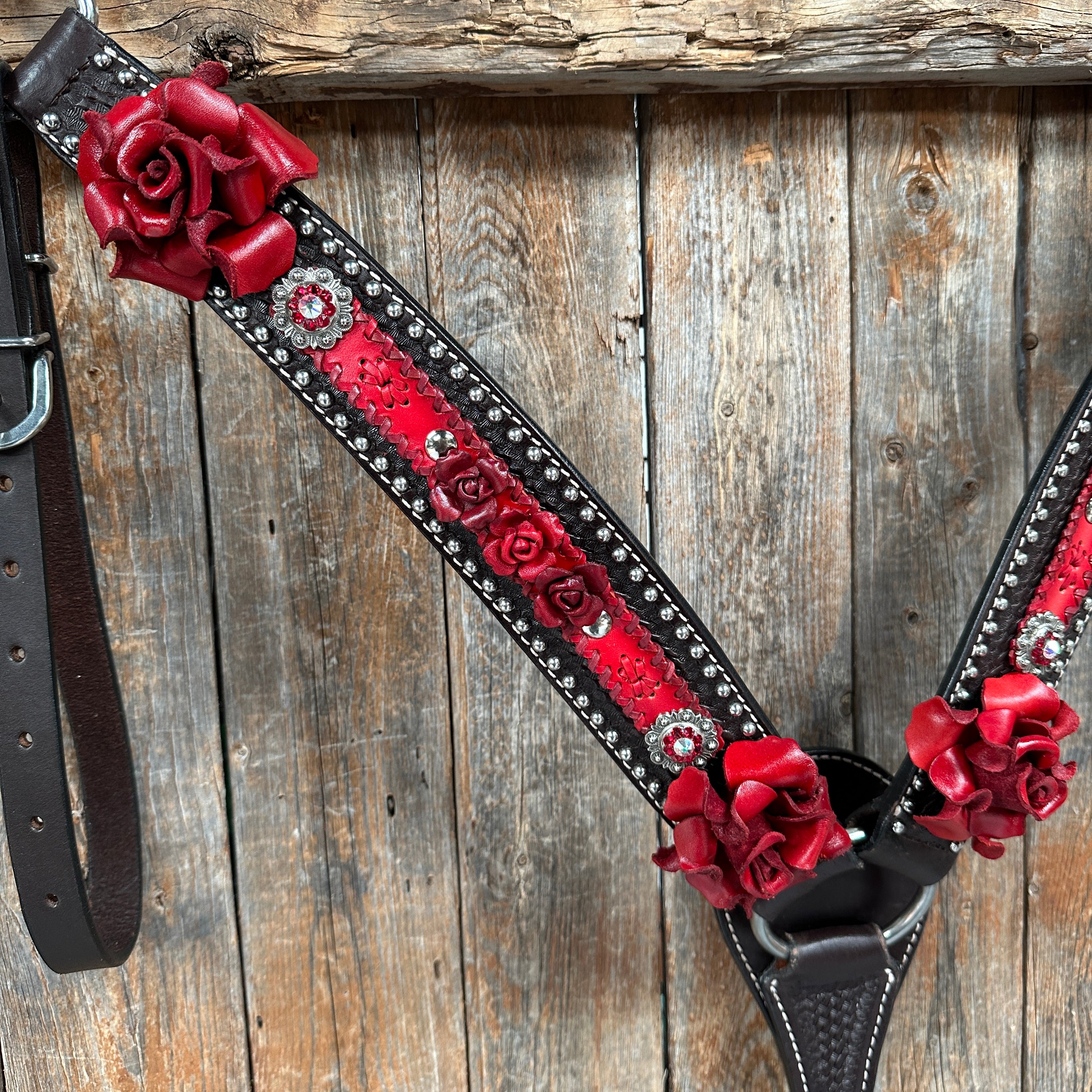 Dark Oil Silver Dot Red Roses Browband/Breastcollar Tack Set #BBBC570