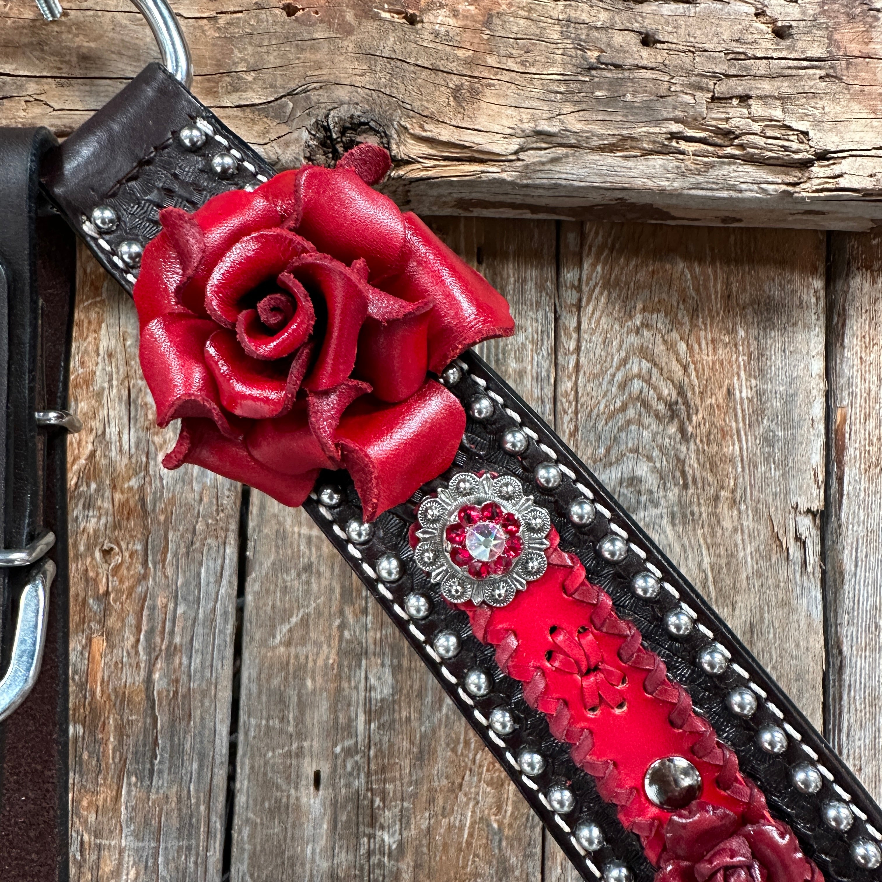Dark Oil Silver Dot Red Roses Browband/Breastcollar Tack Set #BBBC570