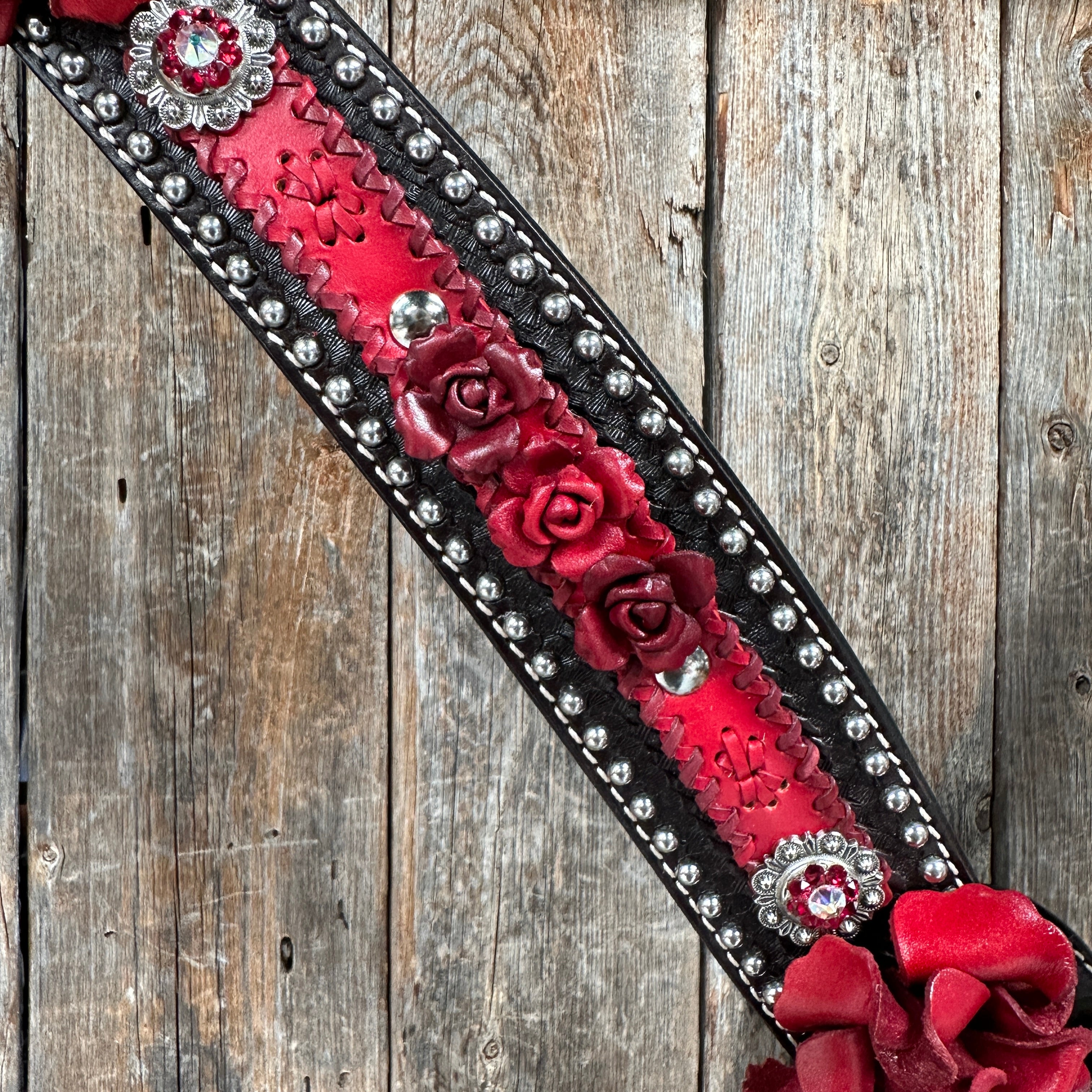 Dark Oil Silver Dot Red Roses Browband/Breastcollar Tack Set #BBBC570