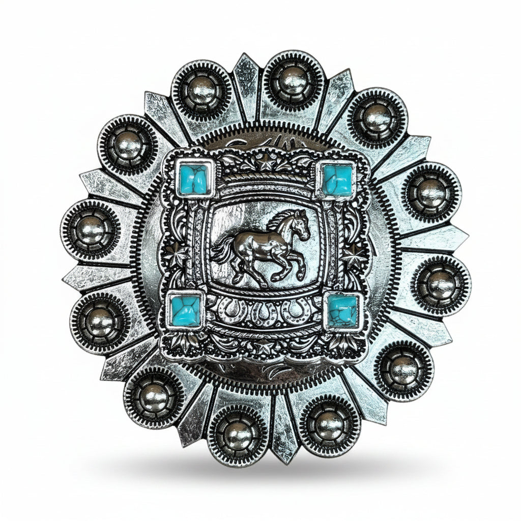 Antique Silver Horse and Turquoise Square Concho W259