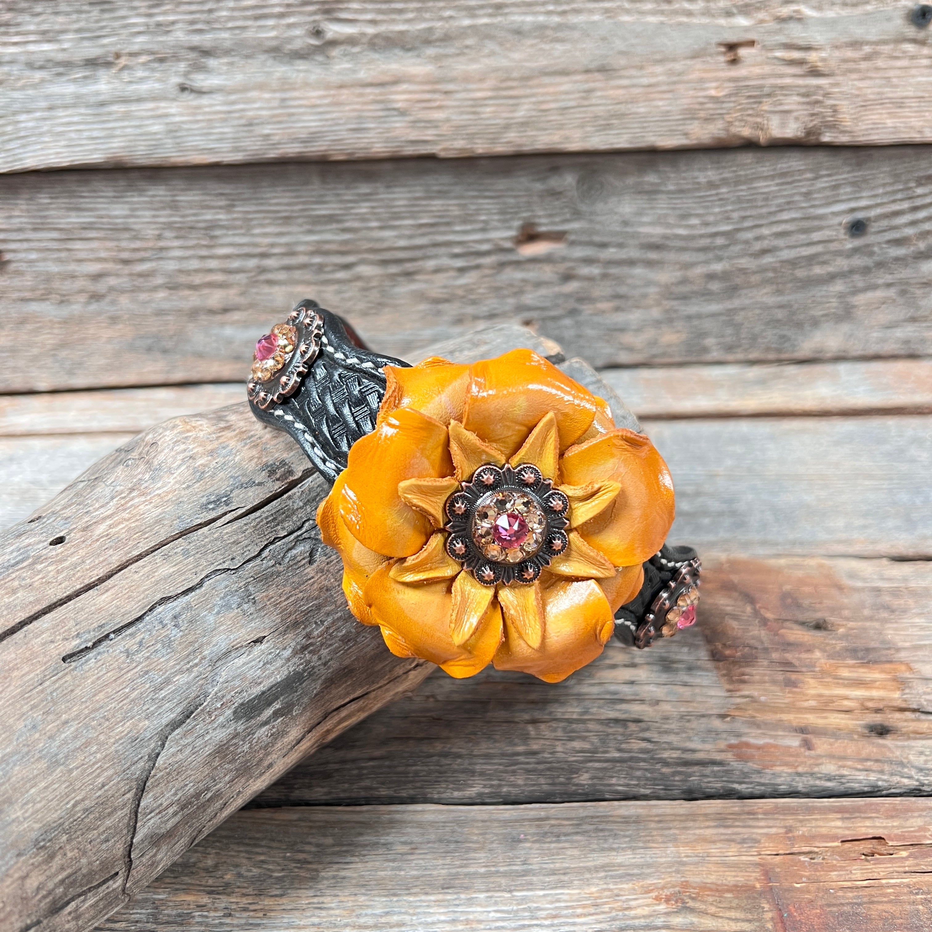 DC20 - Black Leather Dog Collar With Yellow Flower & Copper Conchos 10"- 22"