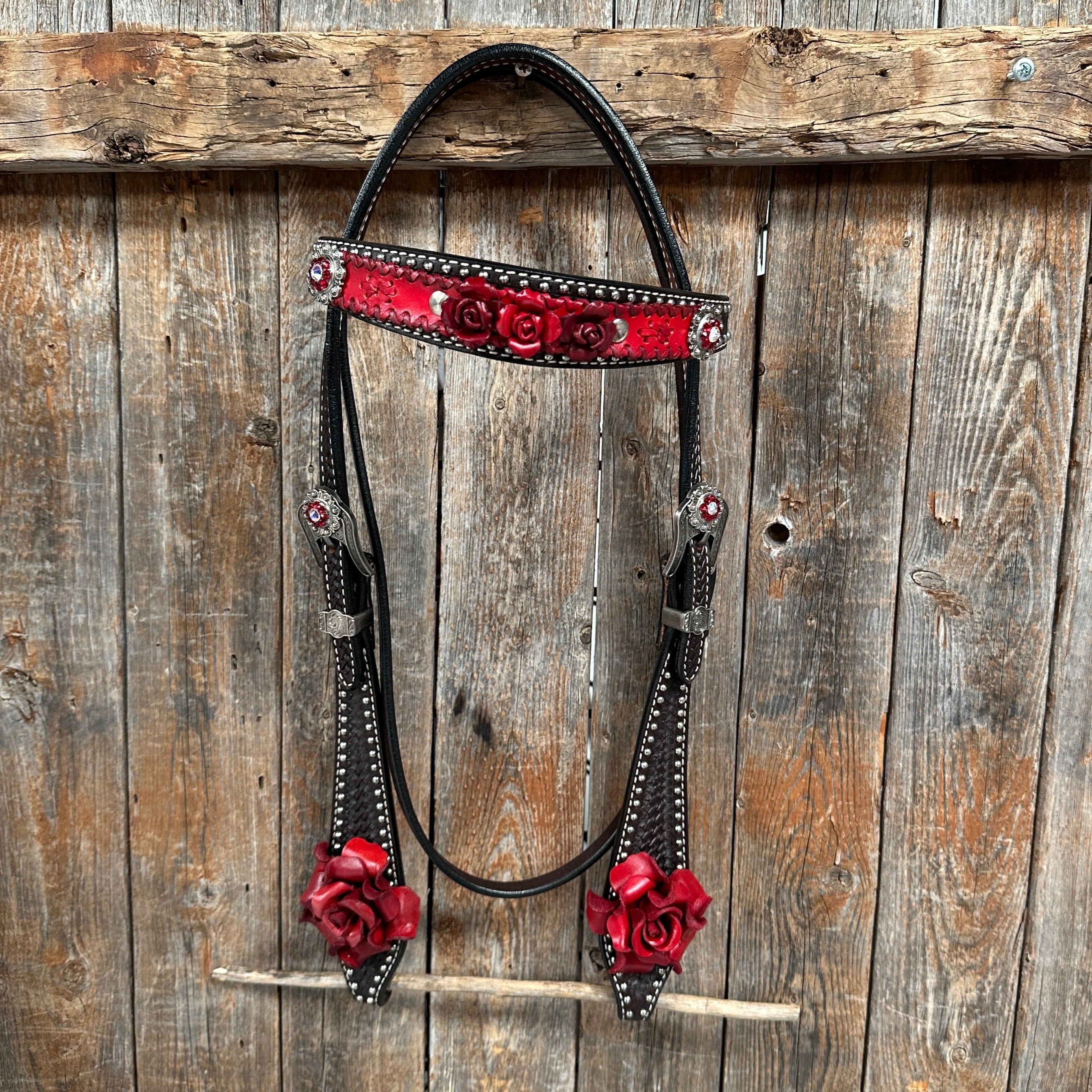Dark Oil Silver Dot Red Roses Browband/Breastcollar Tack Set #BBBC570