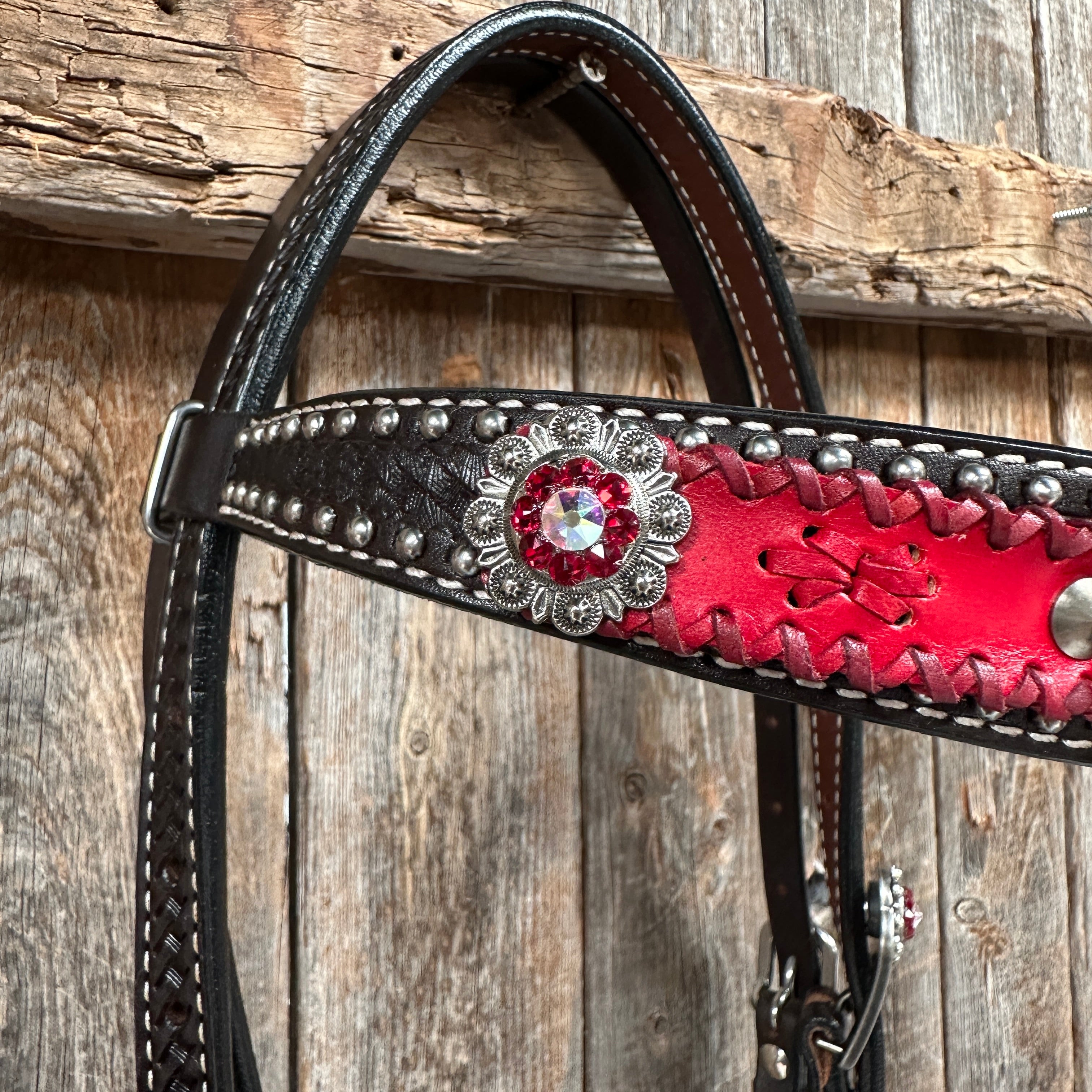 Dark Oil Silver Dot Red Roses Browband/Breastcollar Tack Set #BBBC570
