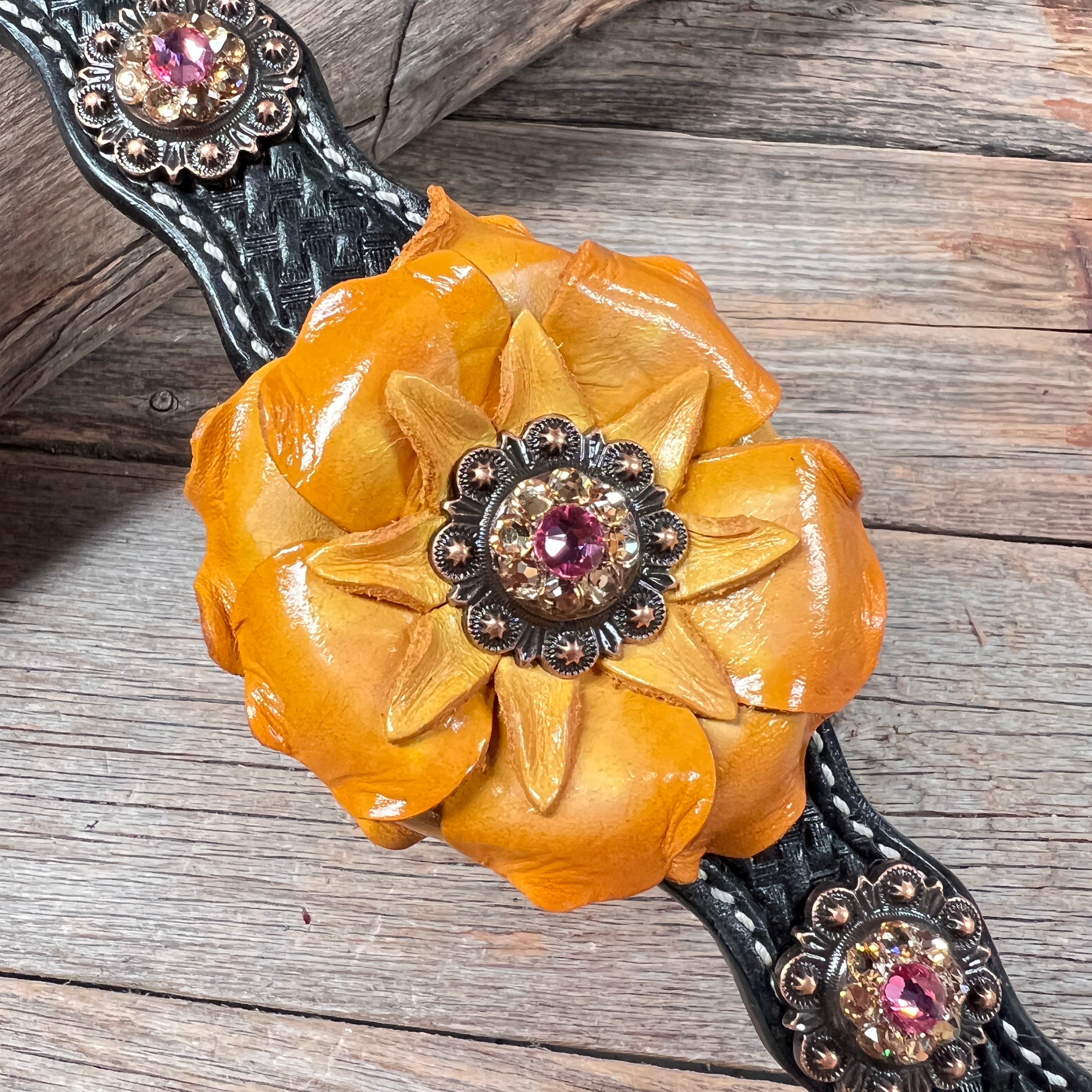 DC20 - Black Leather Dog Collar With Yellow Flower & Copper Conchos 10"- 22"