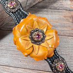 DC20 - Black Genuine Leather Dog Collar With Yellow Flower & Copper Conchos 10"- 22"