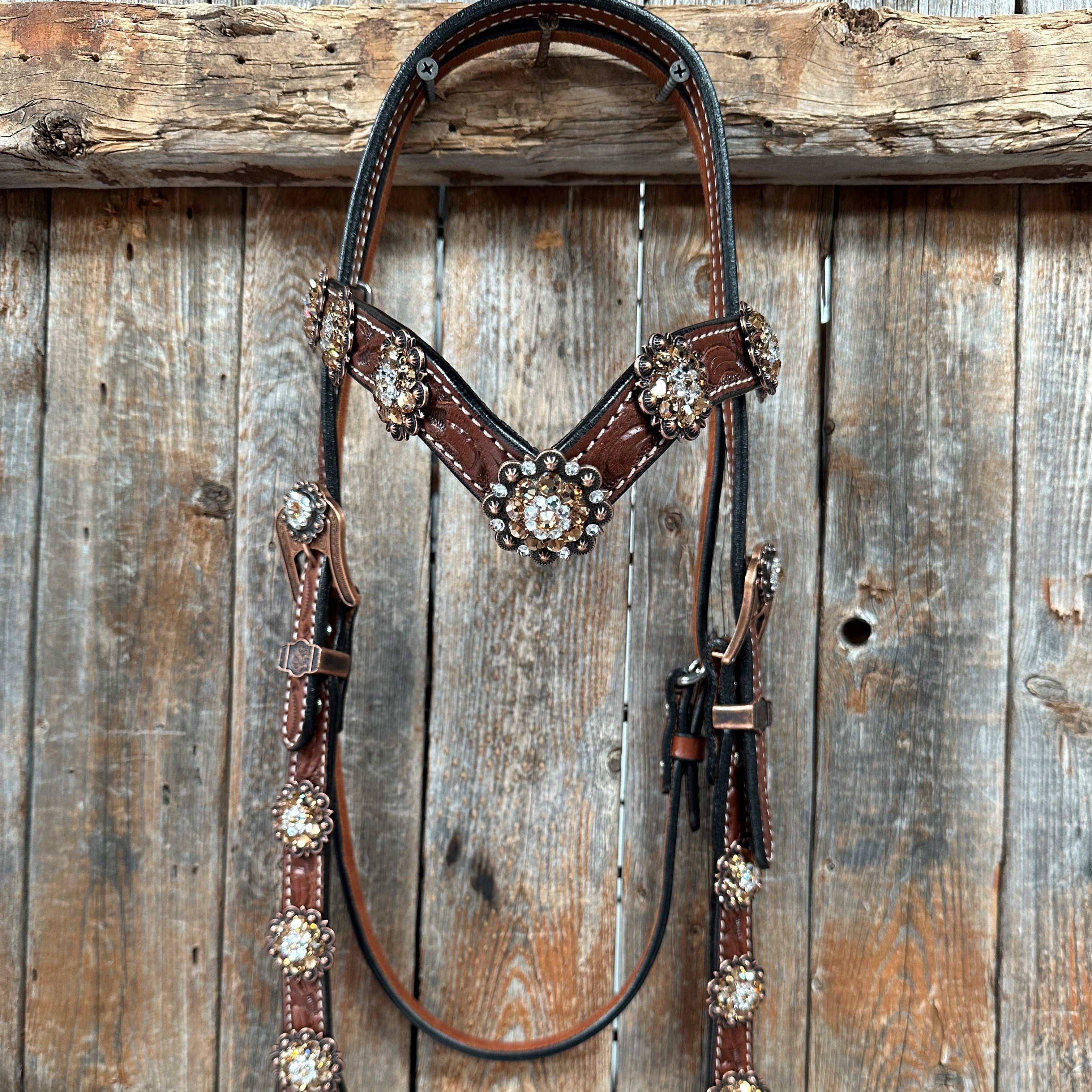 Medium Floral Champagne & Clear Browband / Breastcollar Tack Set  #BBBC573