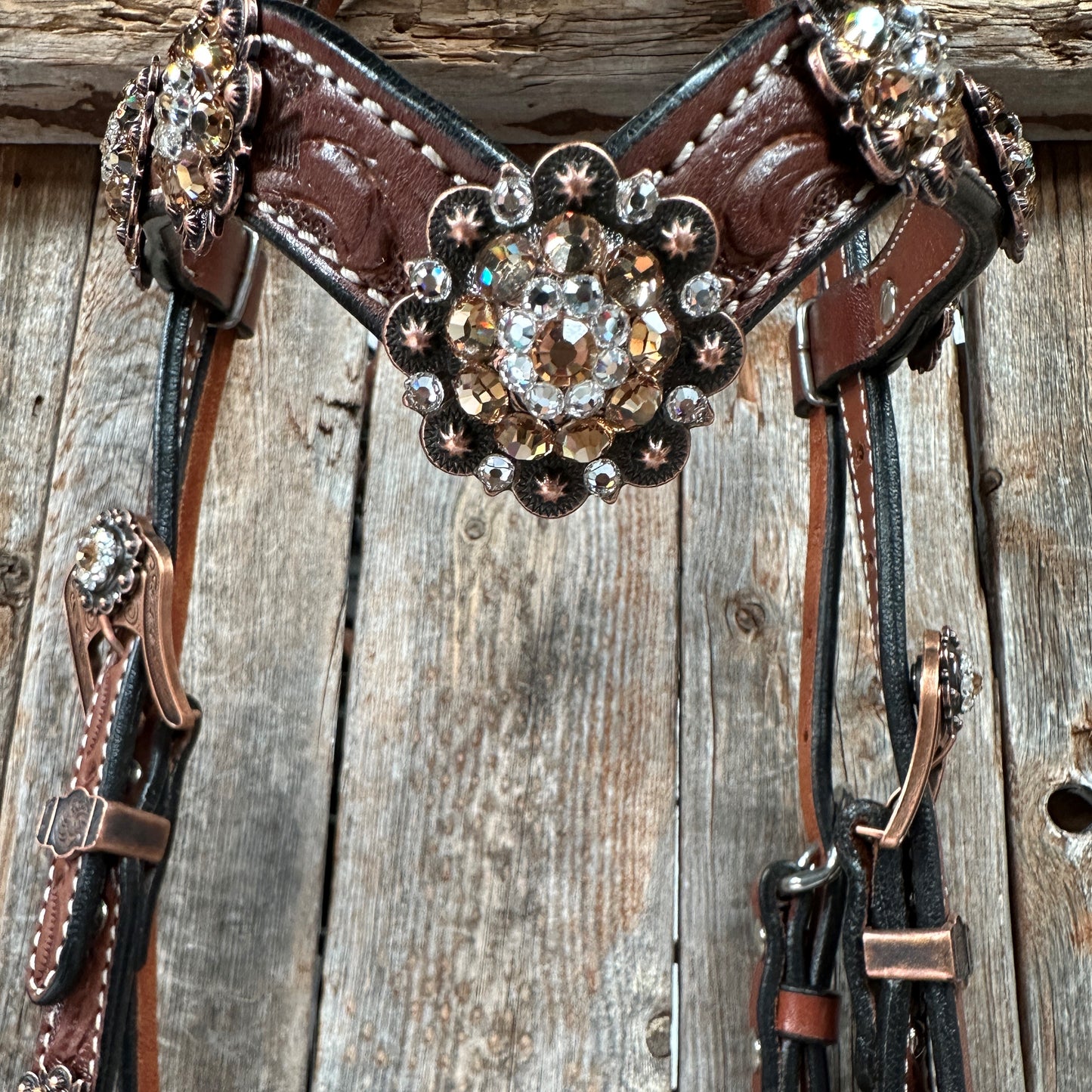 Medium Floral Champagne & Clear Browband / Breastcollar Tack Set  #BBBC573