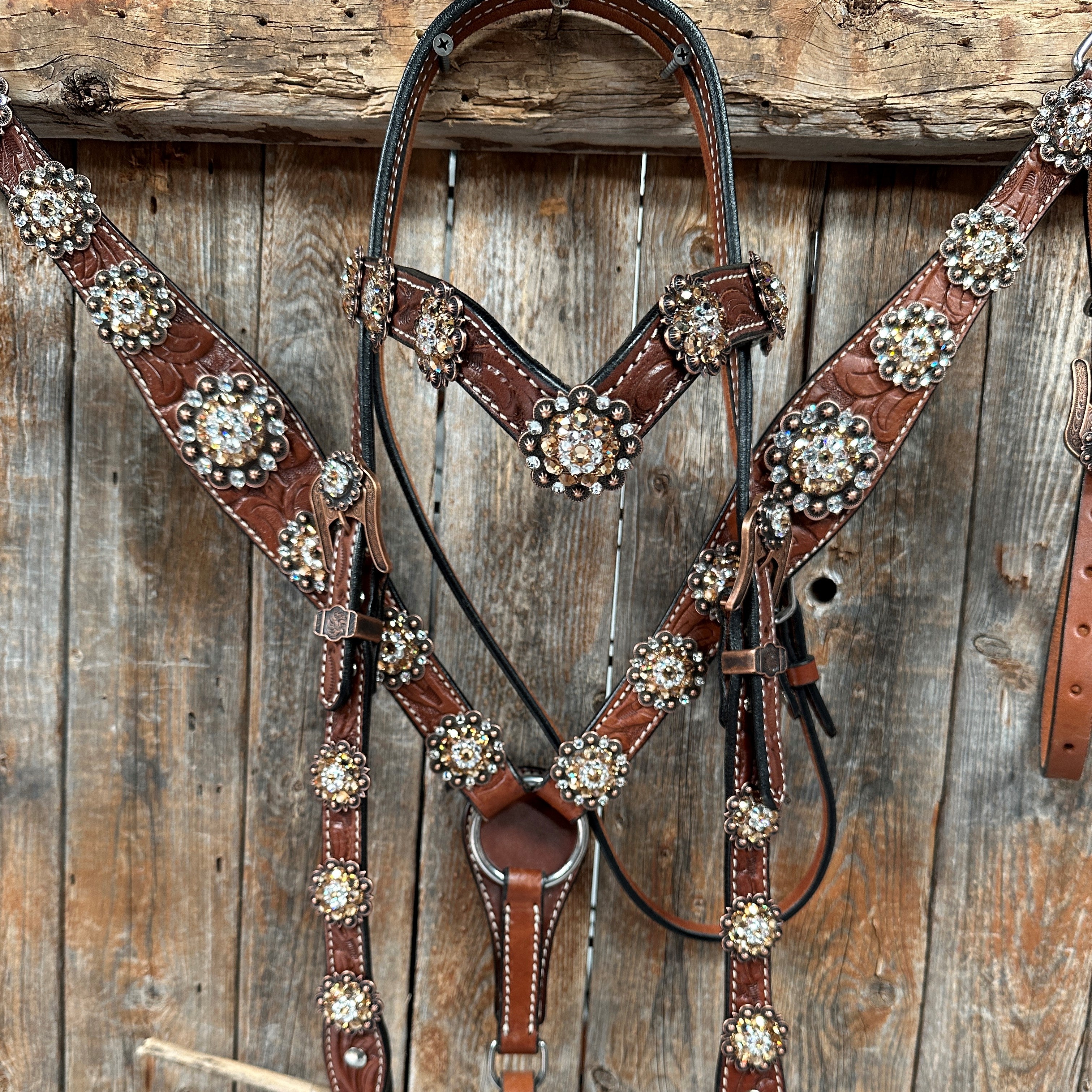 Medium Floral Champagne & Clear Browband / Breastcollar Tack Set  #BBBC573