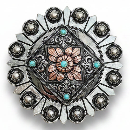 Antique Silver and Copper Square Floral Concho #W265