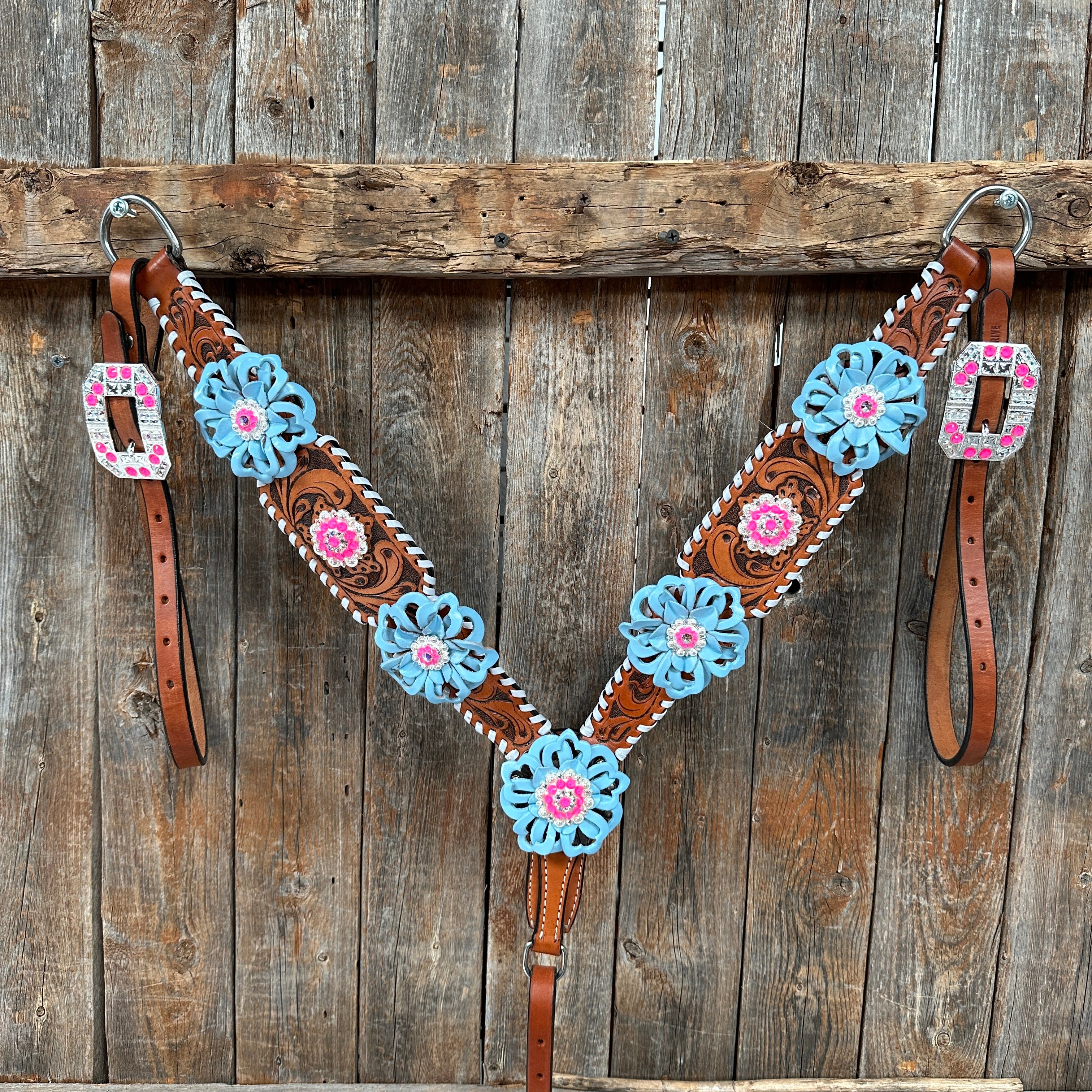 Light Oil Whipstitch Pink & Blue One Ear/ Breastcollar Tack Set #OEBC575