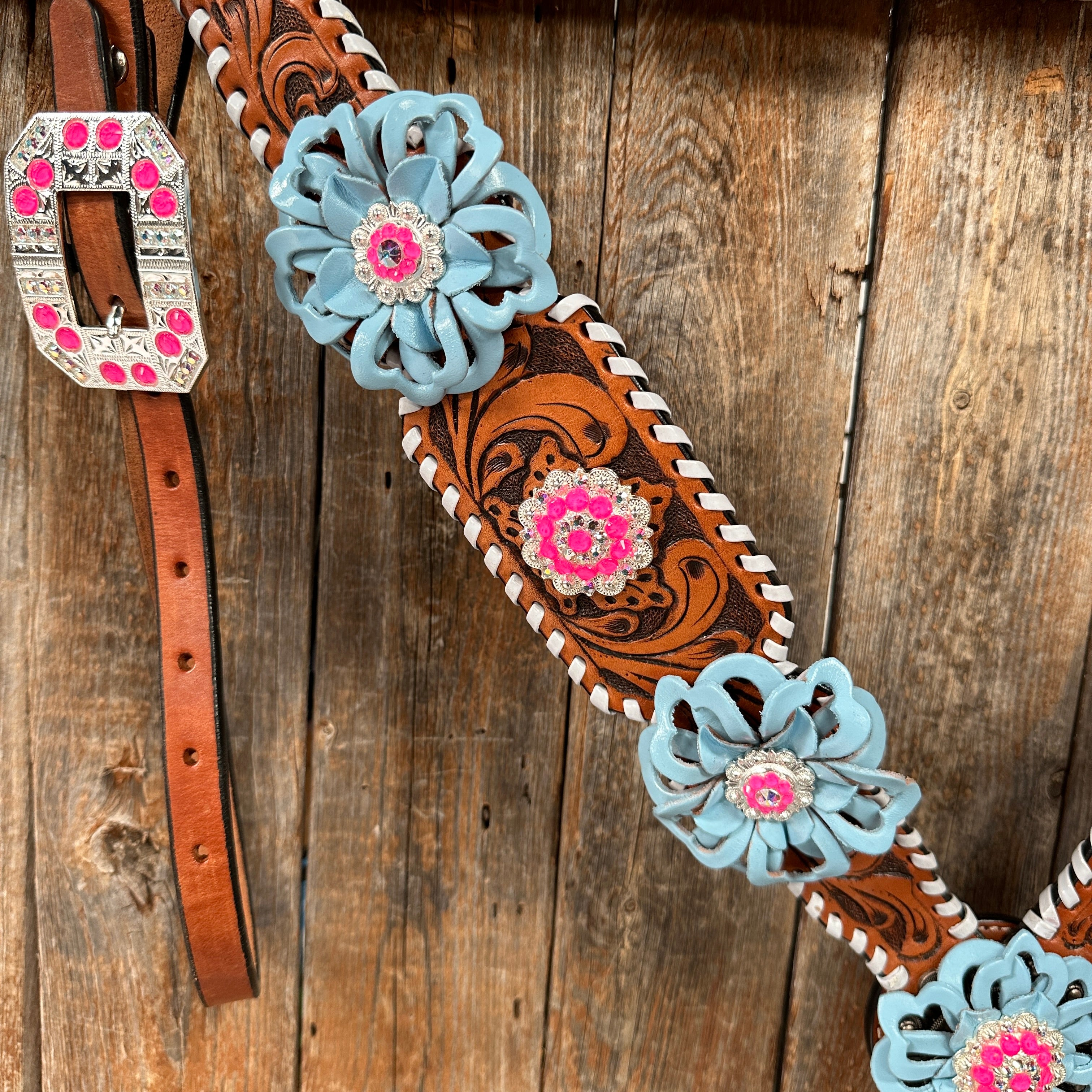 Light Oil Whipstitch Pink & Blue One Ear/ Breastcollar Tack Set #OEBC575