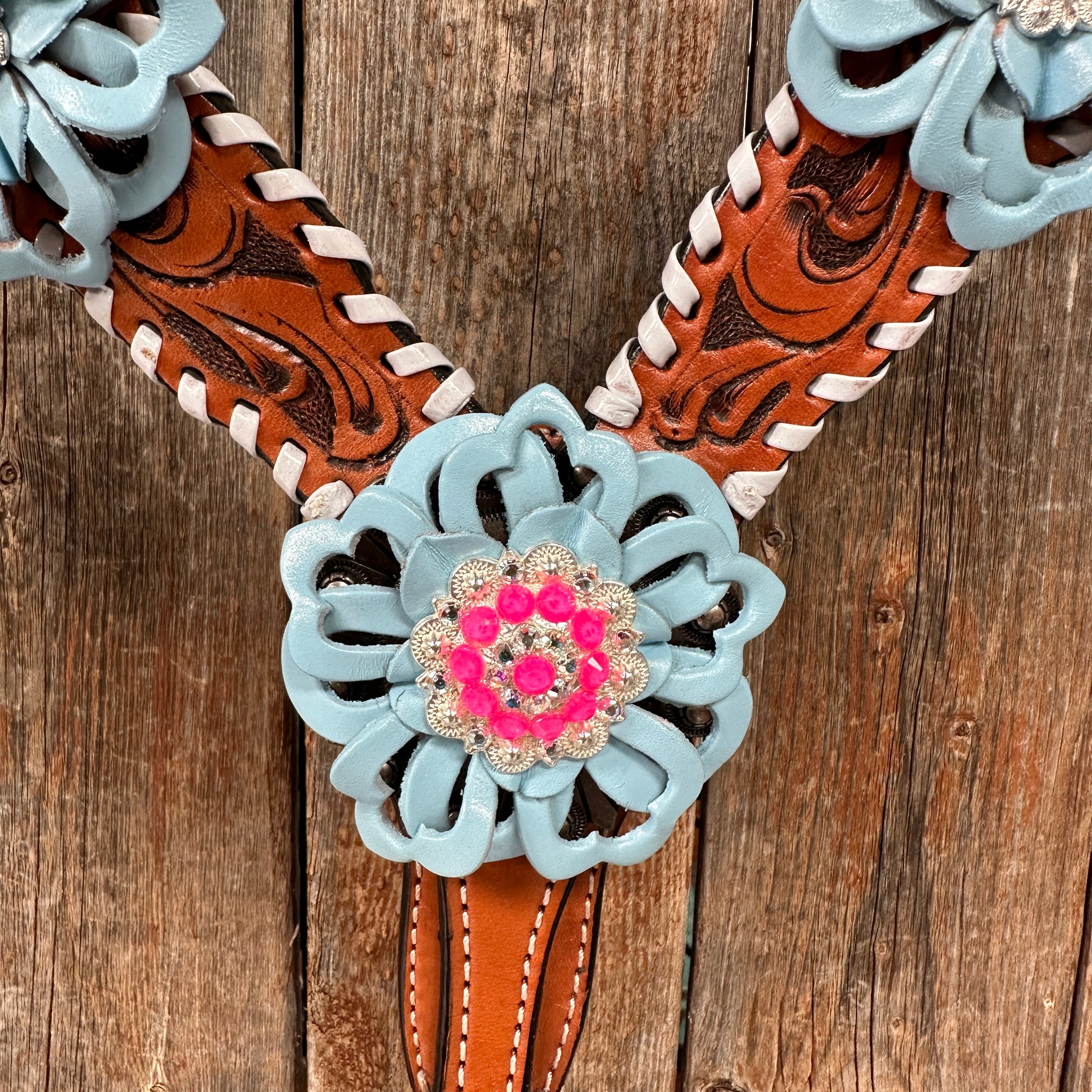 Light Oil Whipstitch Pink & Blue One Ear/ Breastcollar Tack Set #OEBC575