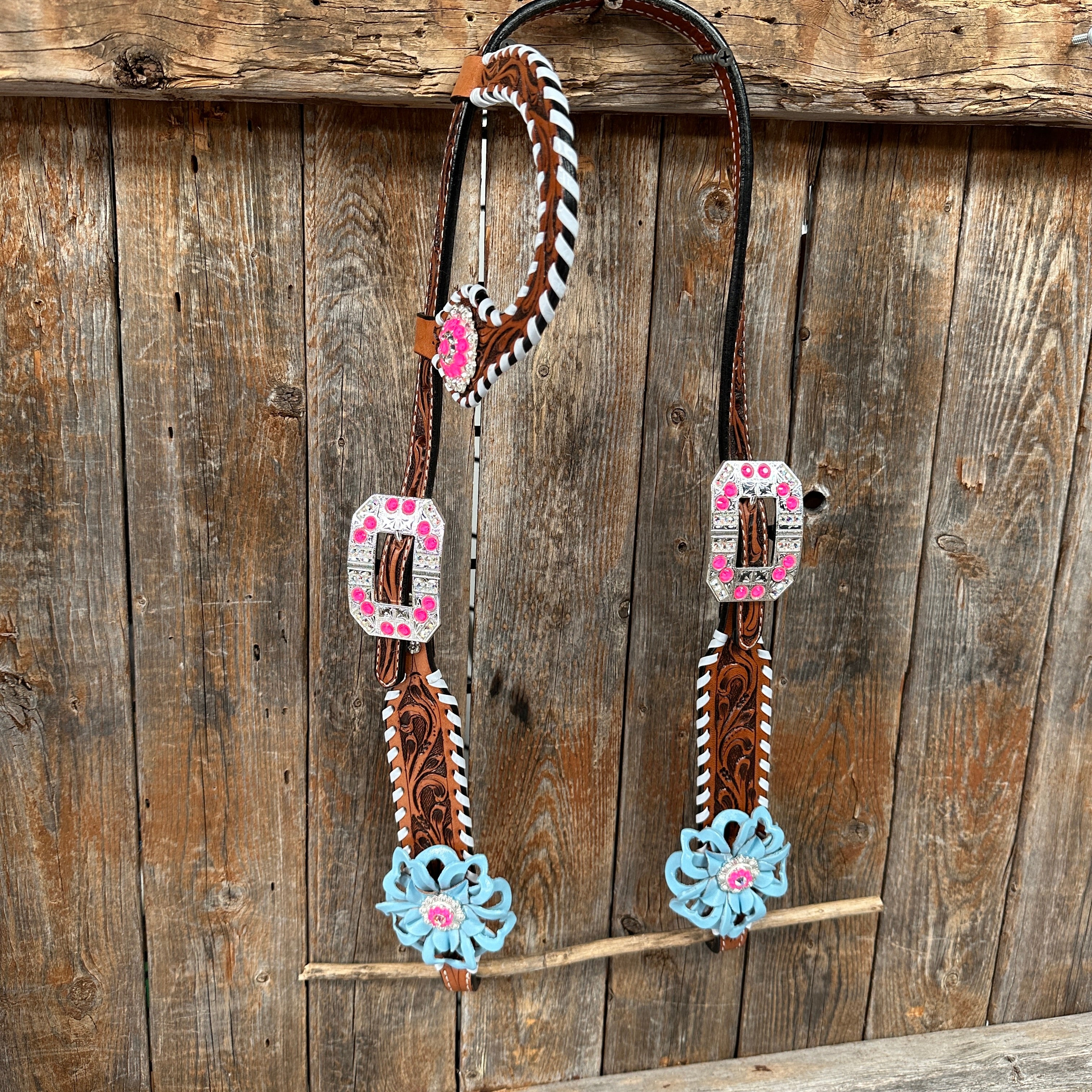 Light Oil Whipstitch Pink & Blue One Ear/ Breastcollar Tack Set #OEBC575