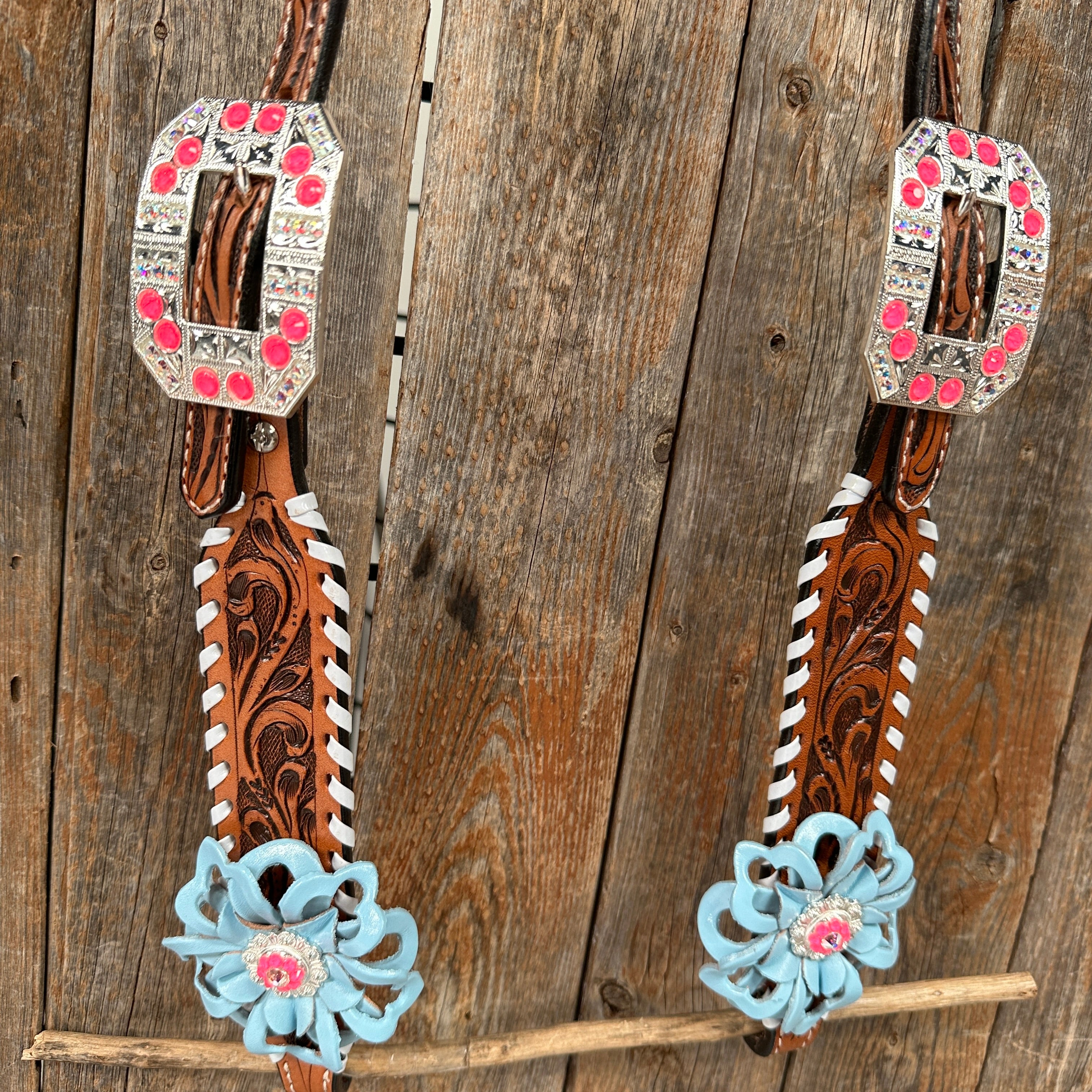 Light Oil Whipstitch Pink & Blue One Ear/ Breastcollar Tack Set #OEBC575