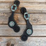 Black Basketweave Spur Straps - Checkered with Turquoise #SS146