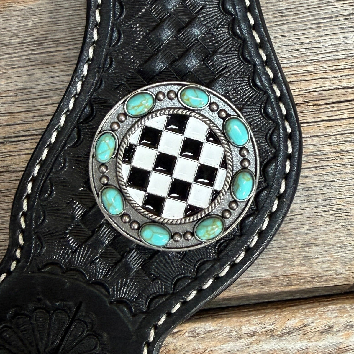 Black Basketweave Spur Straps - Checkered with Turquoise #SS146