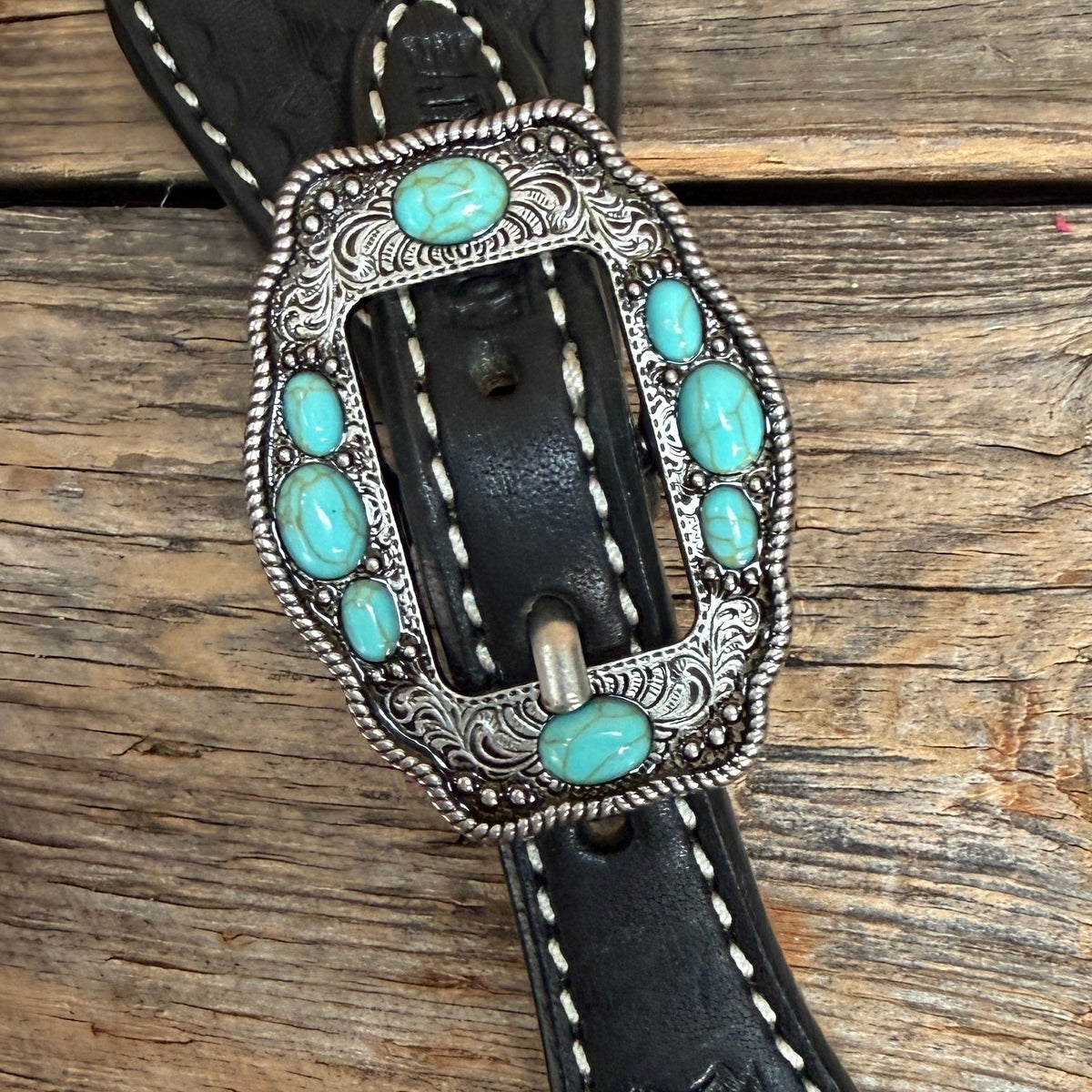 Black Basketweave Spur Straps - Checkered with Turquoise #SS146