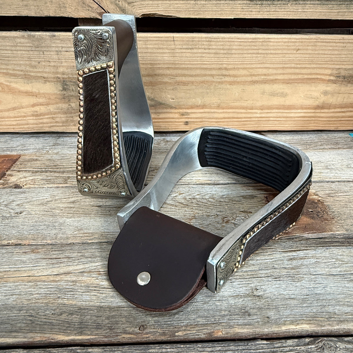 Hand Engraved Copper and Cowhide Barrel Racing/Trail Western Stirrups BRS104
