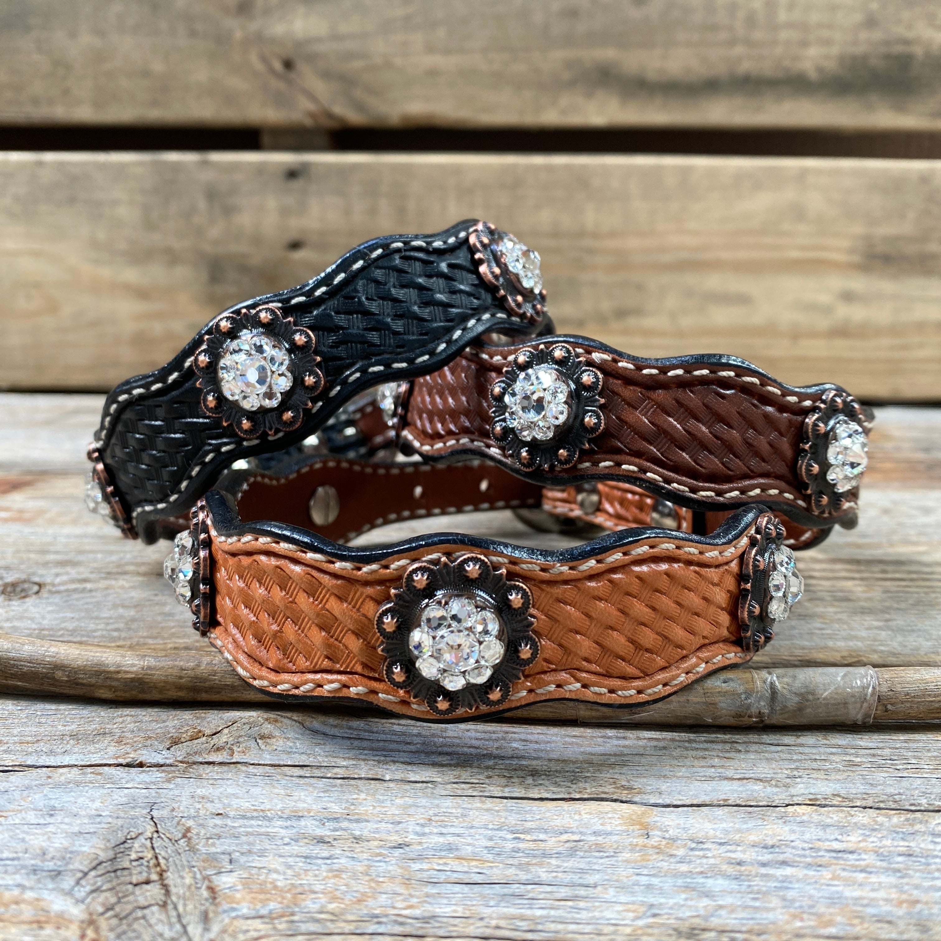 Leather Dog Collar With Copper Clear Conchos 10" to 22" -DC8