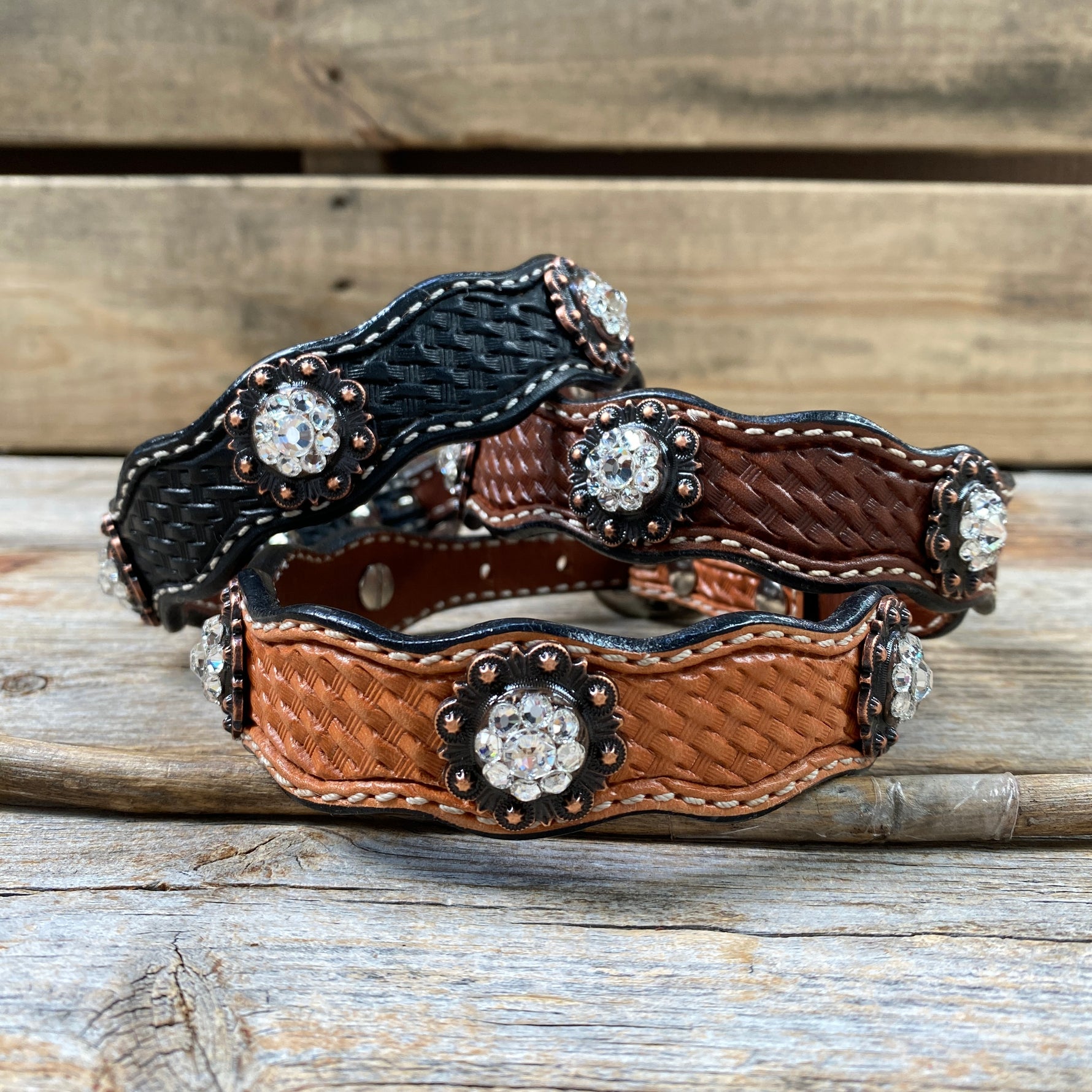 Genuine Leather Dog Collar With Copper Clear Conchos 10" to 22" -DC8
