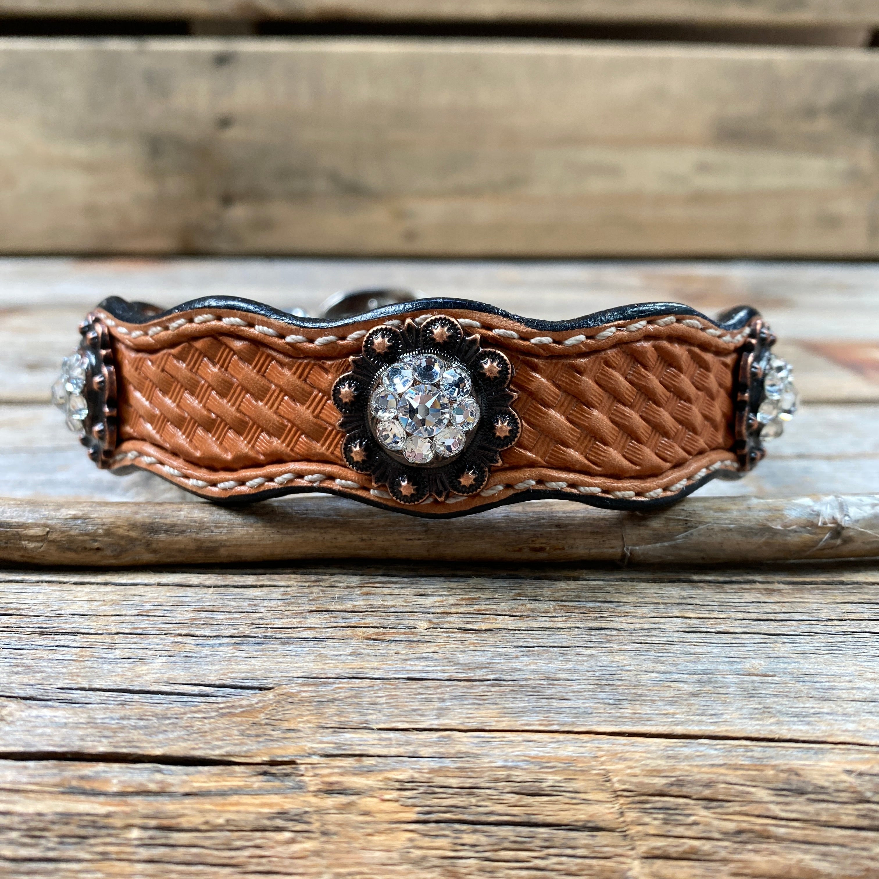 Leather Dog Collar With Copper Clear Conchos 10