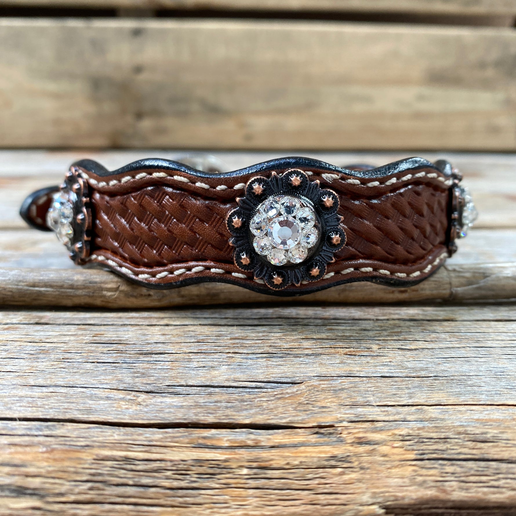Genuine Leather Dog Collar With Copper Clear Conchos 10" to 22" -DC8