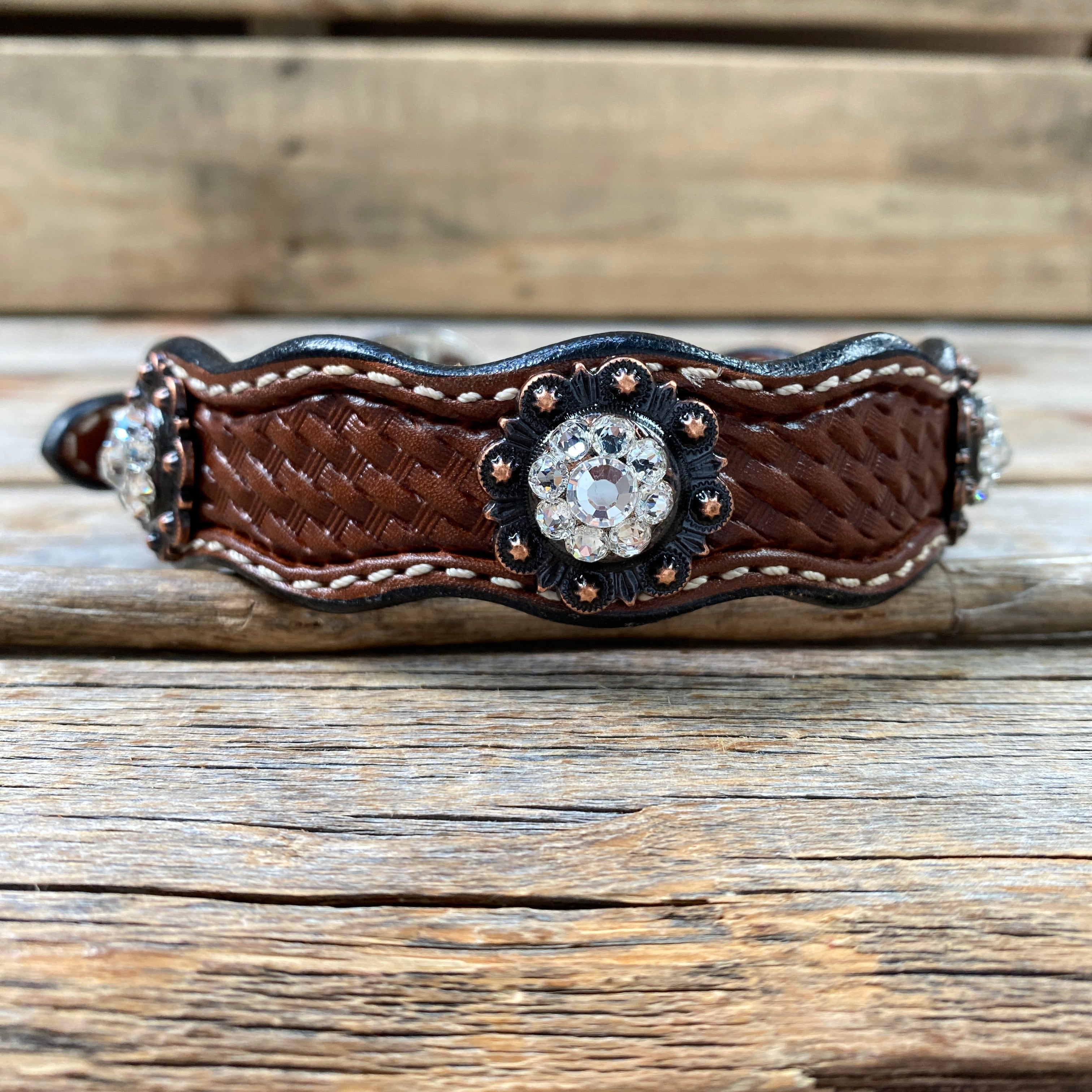 Leather Dog Collar With Copper Clear Conchos 10