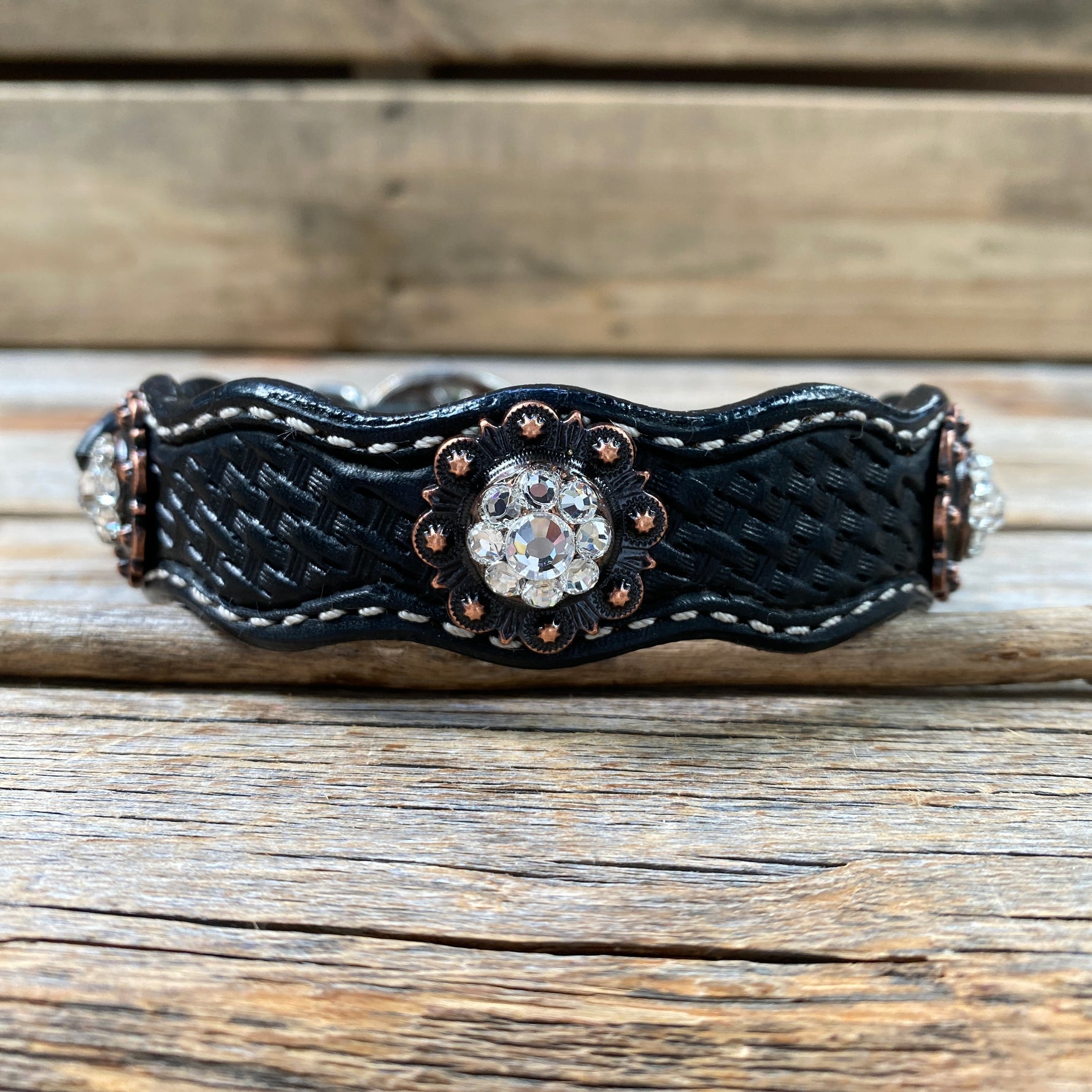 Genuine Leather Dog Collar With Copper Clear Conchos 10" to 22" -DC8