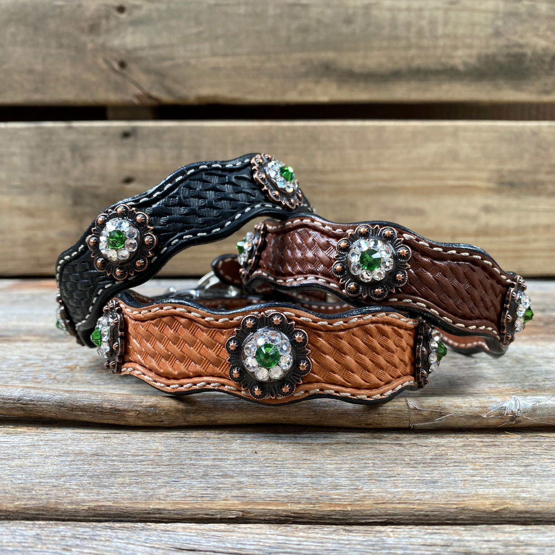 Genuine Leather Dog Collar With Copper Fern and Clear Conchos 10" to 22" -DC11